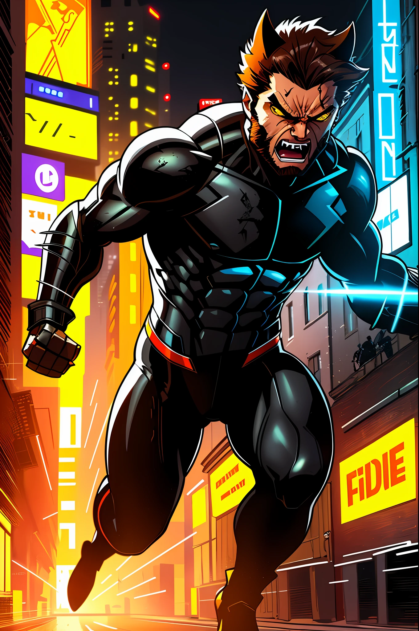 Close-up of 2 subjects, Wolverine, wearing x-man uniform, (running towards camera), (looks angry), running with claws outstretched, running away from man wearing armor, being grabbed by man, in dirty city alley , futuristic city in (night: 1.4), blue and yellow neon signs, chase scene, action scene, thick outlines, comic book style, dynamic camera angle, realistic skin, realistic hands, perfect hands, action lines , motion blur background