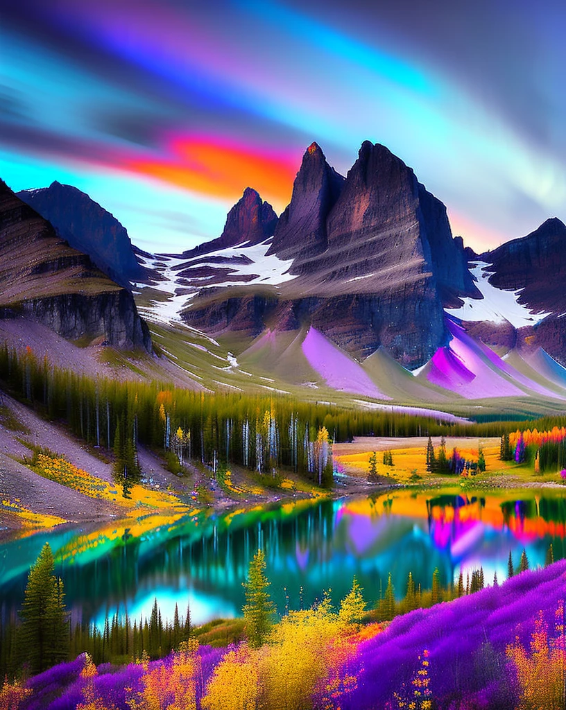 (majestic Canmore))|(the awe-inspiring Three Sisters mountains), prismatic colors, vibrant, alluring, one-of-a-kind, picturesque nature scene, rare, contrast, purple theme, dawn landscape, painting-like, dark background, chic style, sexy, summery.