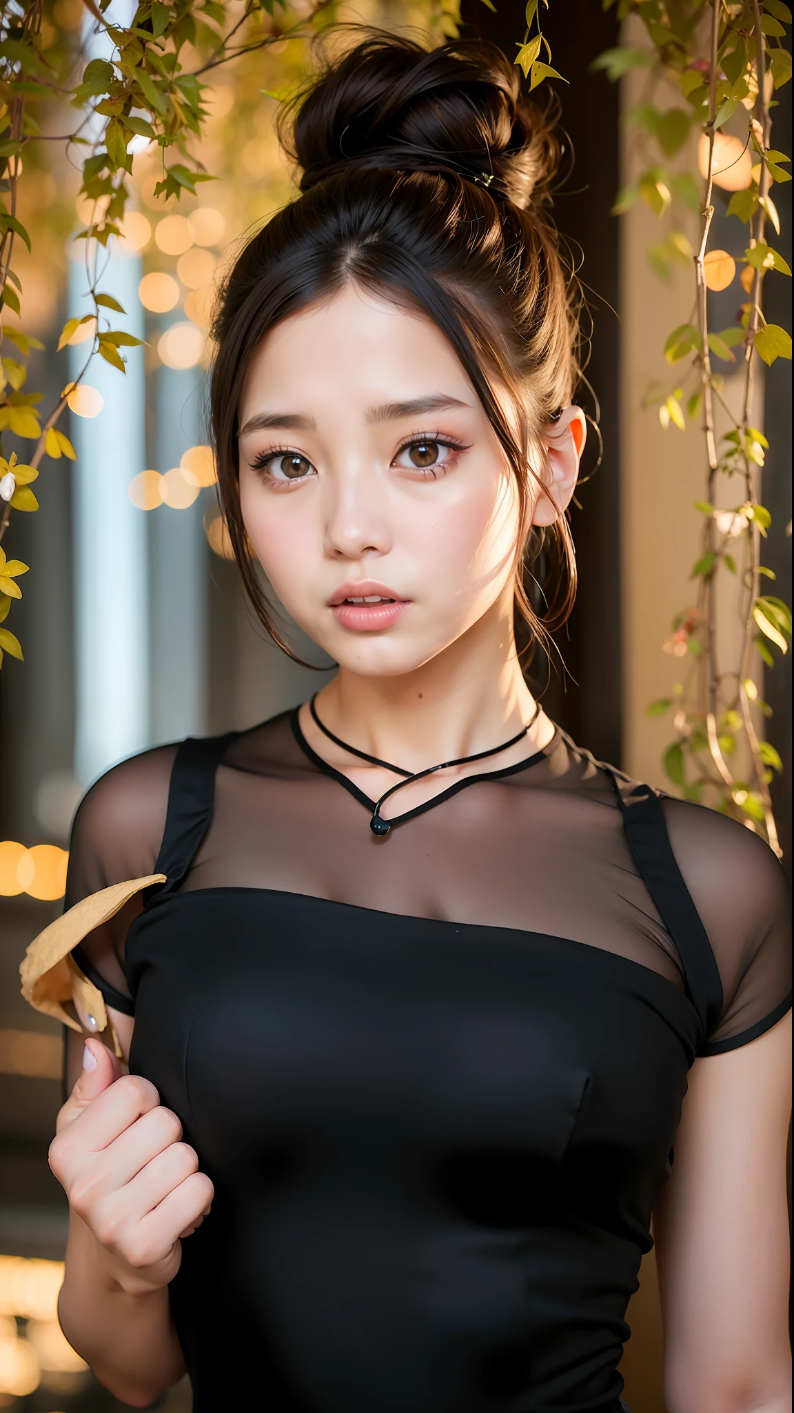 Close-up of woman in black dress holding mobile phone, beautiful south korean woman, gorgeous korean woman, beautiful korean woman, korean girl, honhwa cho, korean idol, wan cute korean face, tzuyu from twice, hwang se - on portrait of korean female idol lee ji-eun lee ji-eun, 8k, best quality, masterpiece:1.2), (realistic, photo )