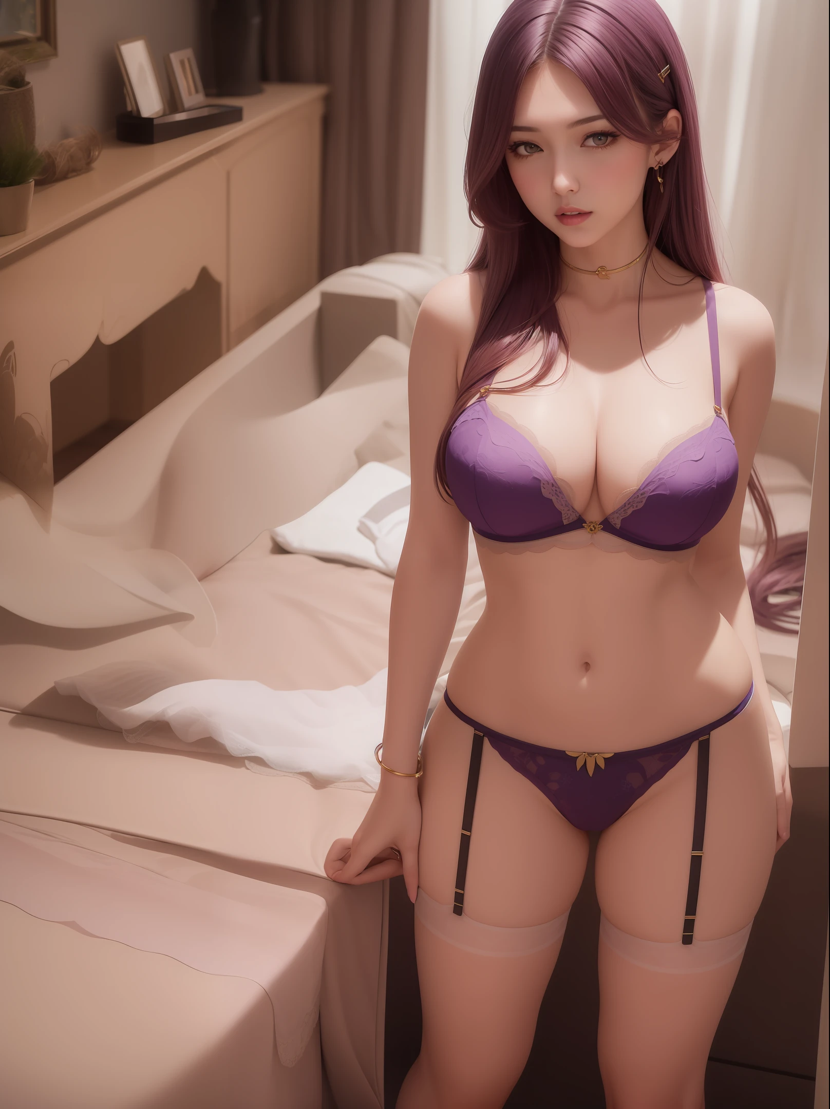 masterpiece, ultra realistic, 32k, extremely detailed 8k CG wallpaper, best quality, (spring day), 1 girl, 21 years old, long purple hair (reaching hip length) voluminous and wavy, purple eyes, skin light, chest (medium chest), wearing white lingerie with gold details (bra, panties and garter belt and 7/8 fishnet stockings), cleavage, collarbone, full body, luxury hotel room