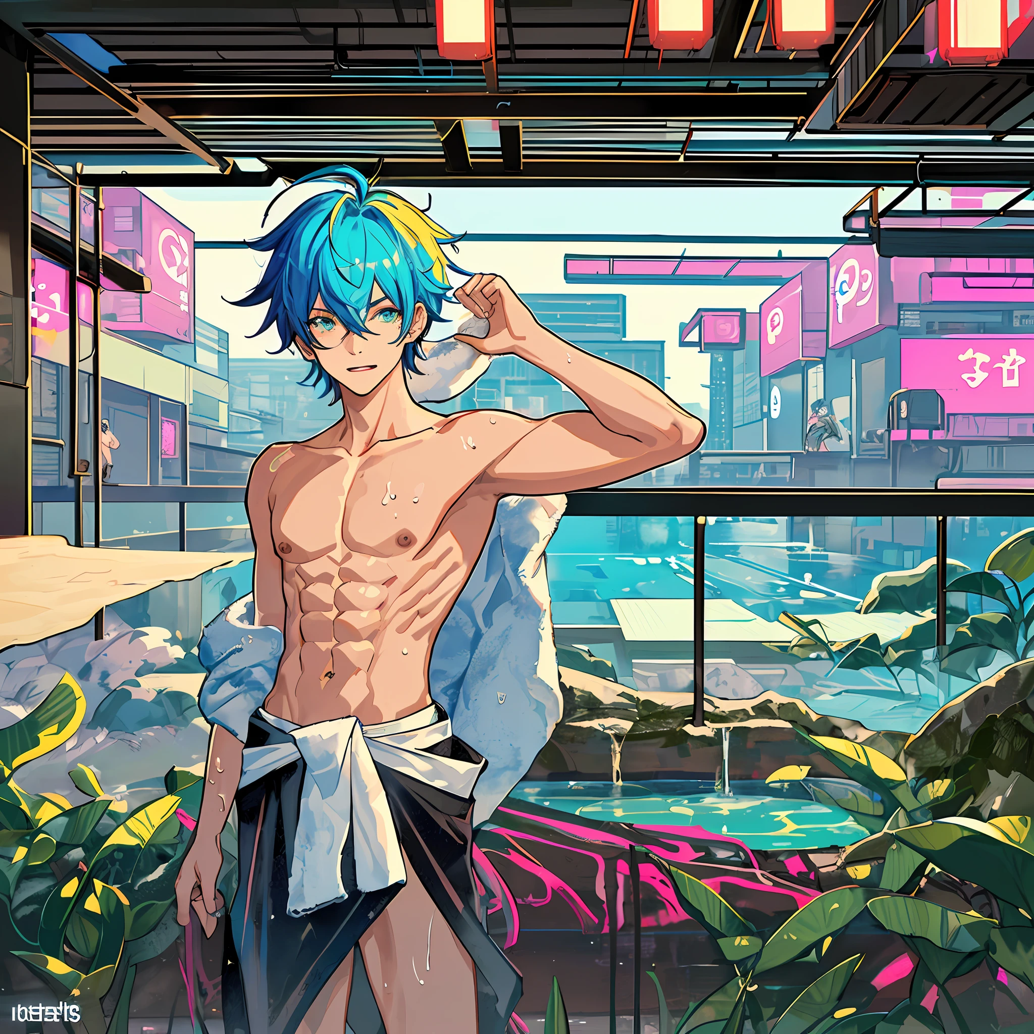masterpiece, best quality, boy bathing toghether in an cyberpunk onsen, male focus, solo, abs, messy neon colored hair, seductive, lean, toned, (twink: 1.5), (shirtless: 1.2), cyberpunk background, naked bathing, towel around waist, neon city, dark, japanese cyberpunk, futuristic, red and gold colorscheme, luxurious, cybernetics