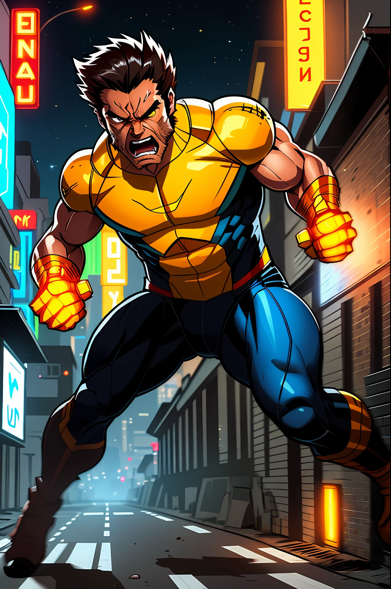 Close-up image of 2 subjects, Wolverine, wearing x-man uniform, (running towards camera), (looks angry), running with claws exposed, running away from man wearing armor, being grabbed by man, in a dirty city alley , futuristic city in (night: 1.4), blue and yellow neon signs, chase scene, action scene, thick outlines, comic book style, dynamic camera angle, realistic skin, realistic hands, perfect hands, action lines , motion blur background