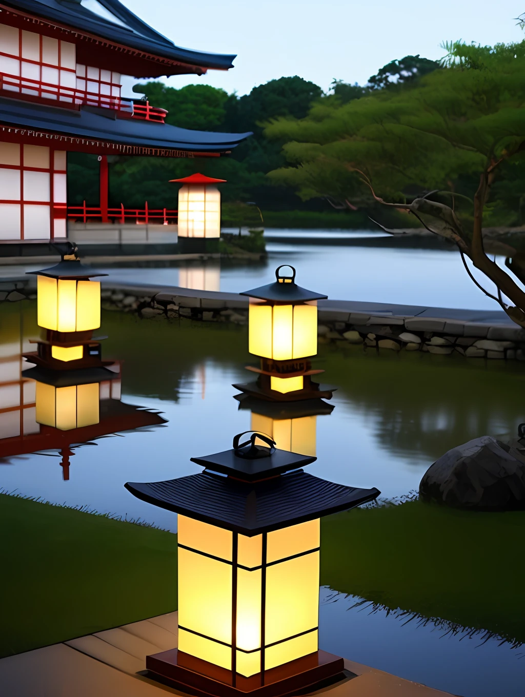 (:1.1 Japanese lanterns) that shine brightly at night, light reflecting water, beautiful