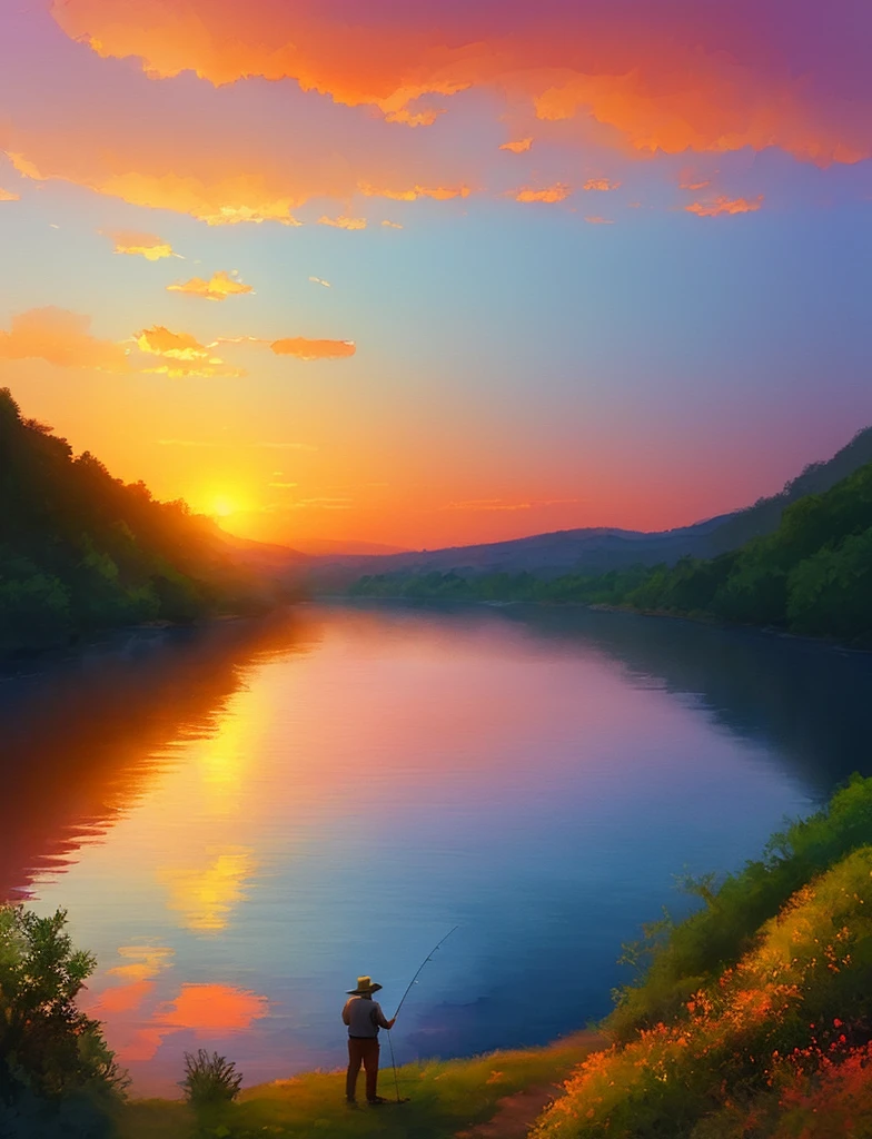 (a man fishing in a river with a sunset background back view), fantasy art, watercolor effect, bokeh, Adobe Illustrator, hand-drawn, digital painting, low-poly, soft lighting, bird's-eye view