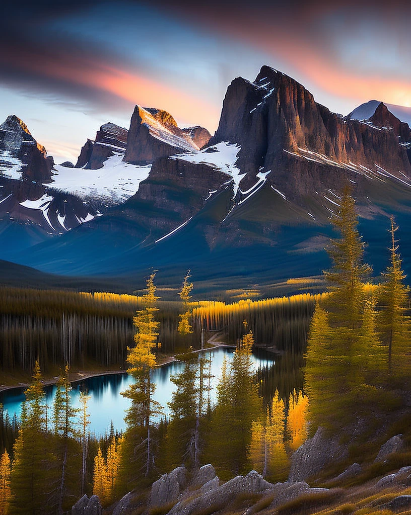 (majestic Canmore))|(the awe-inspiring Three Sisters mountains), alluring, one-of-a-kind, picturesque nature scene, rare, contrast, dawn landscape, painting-like, dark background, chic style, sexy, summery.