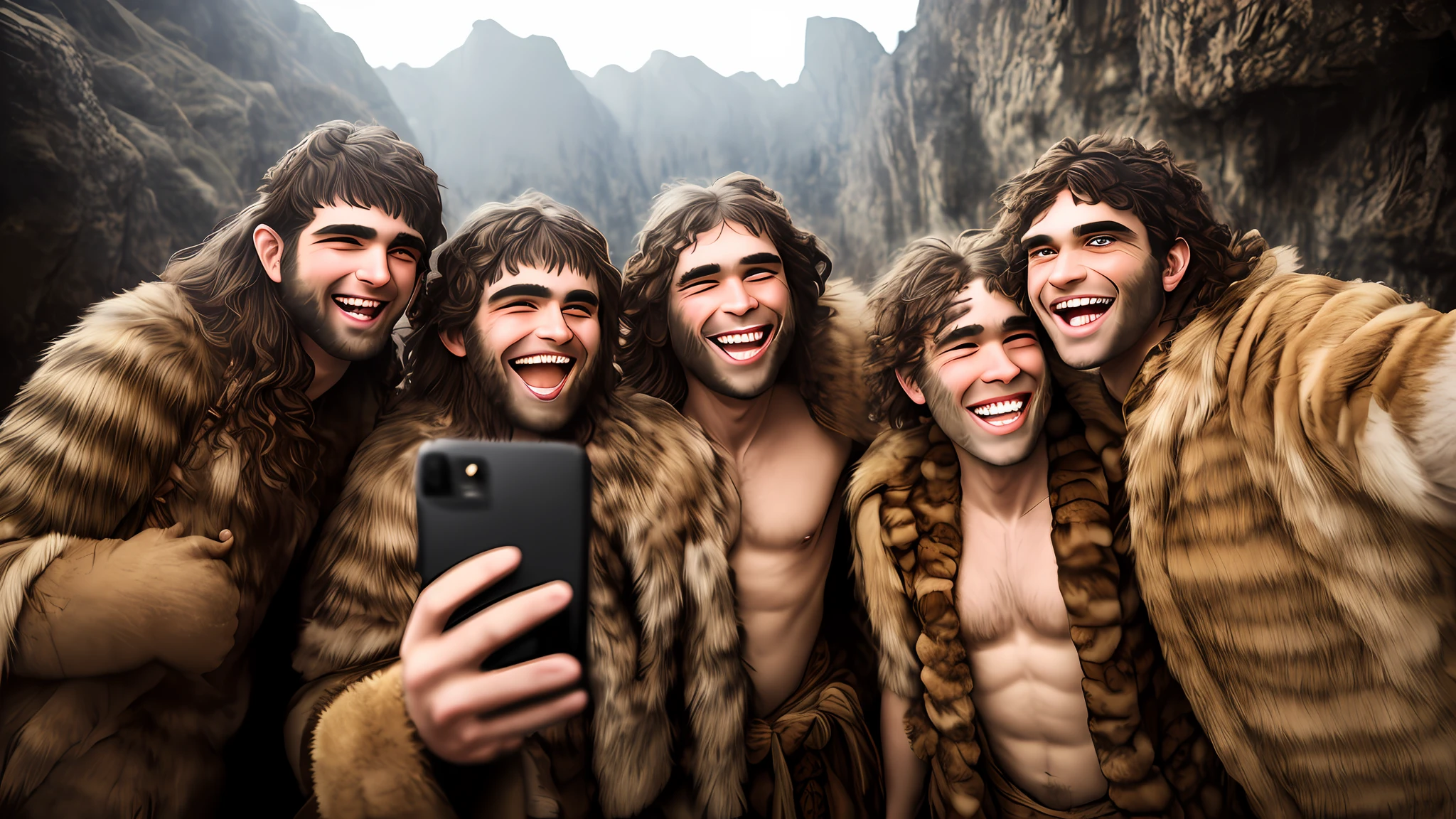 Three Neanderthal men taking a selfie laughing. Dressed in furs, High resolution photography. cavern background with torches