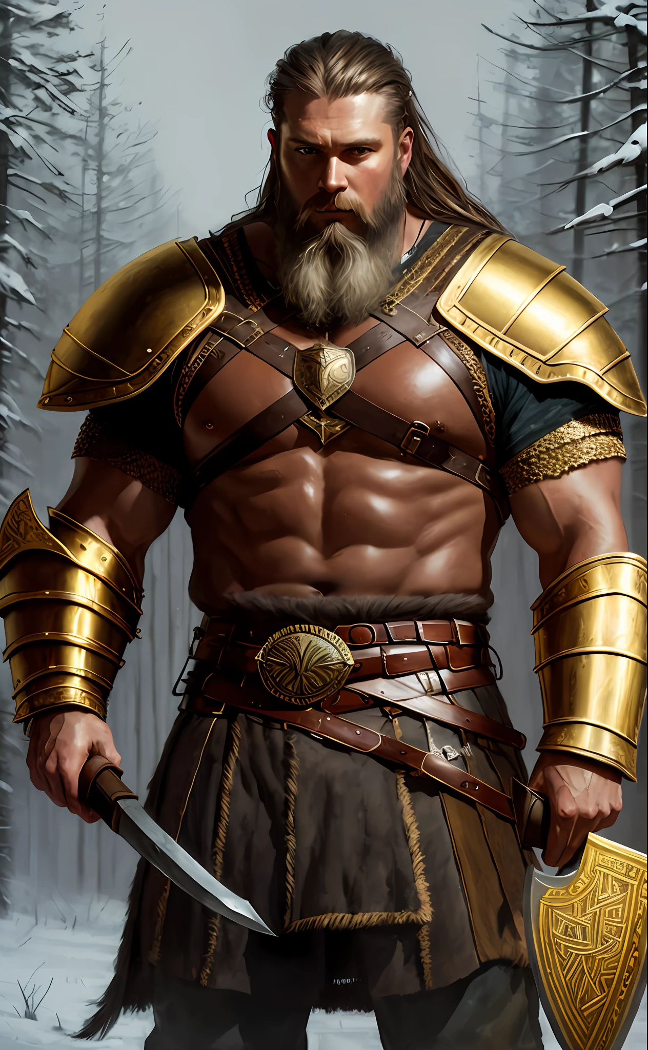 portrait painting, tall norse viking warrior, brown-skinned black hair++, viking beard+, (((wearing gleaming golden armor and a viking axe,))) clutching own chest+++, detailed skin, huge muscles+, huge muscular thighs+, big bulge , fantasy, nordic snowy forest, male, manly, looking at viewer, style model shoot, (extremely detailed CG), fine artwork photo, (Antonio Moro), (Jeremy Mann), High Detail, Sharp Focus, dramatic+, oil painting++, (photorealistic), intricate, beautiful, gigachad++,