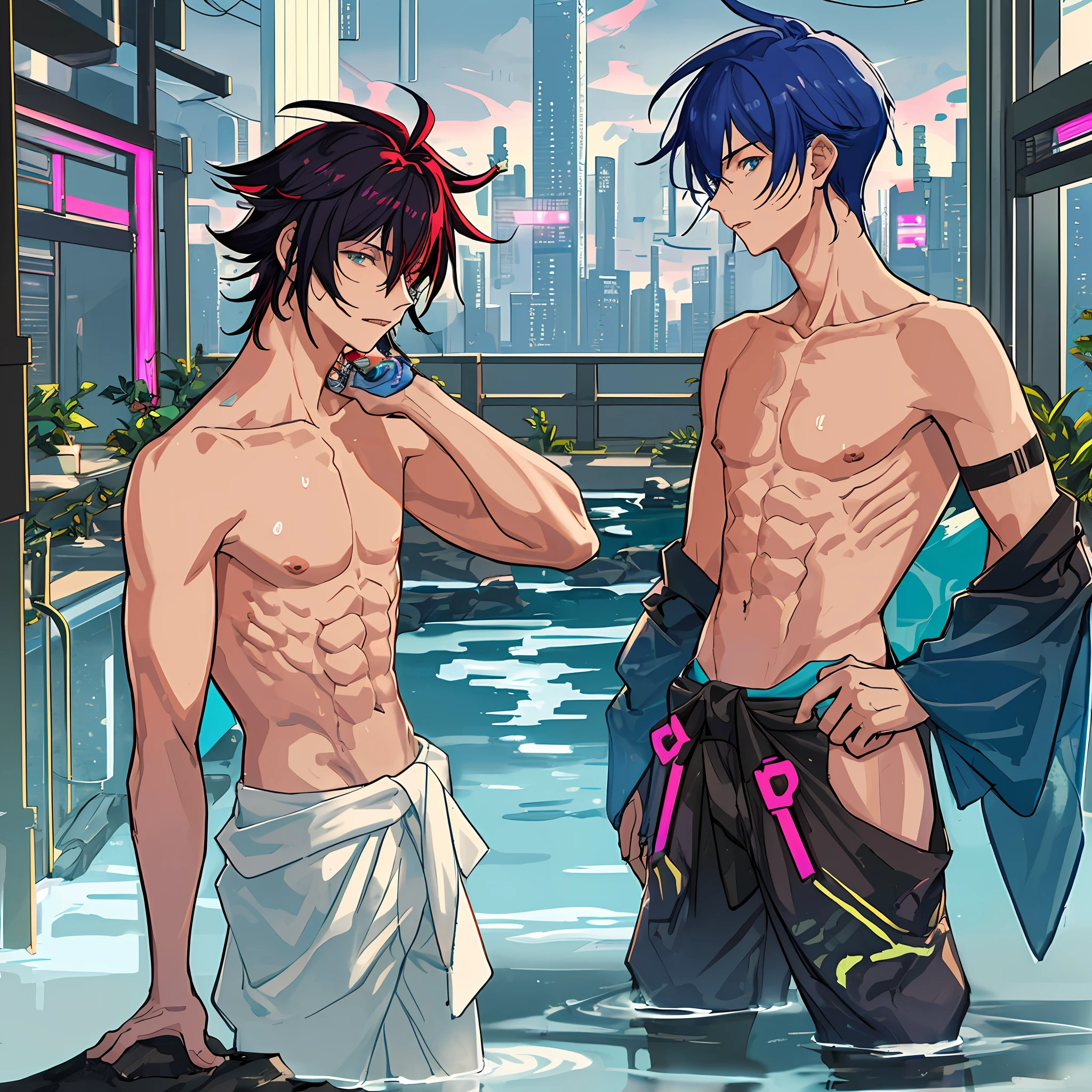 masterpiece, best quality, multiple boys bathing toghether in an cyberpunk onsen, male focus, solo, abs, messy colorful hair, seductive, lean, toned, (twink: 1.5), (shirtless: 1.2), cyberpunk background, naked bathing, towel around waist, neon city, dark, japanese cyberpunk, futuristic, red colors cheme, luxurious, cybernetics