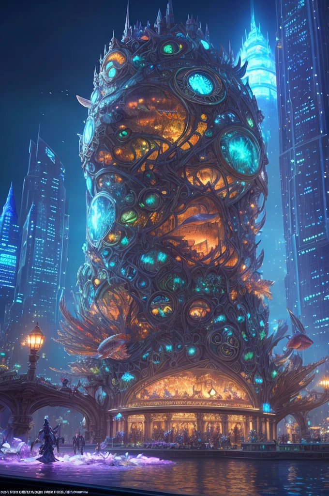 fantasy concept art, a transparent building as a huge aquarium containing fish at night, pretty lights decorations, wide shot, 8k octane render, photorealistic, epic shot, cinematic lighting, detailed building, detailed fish