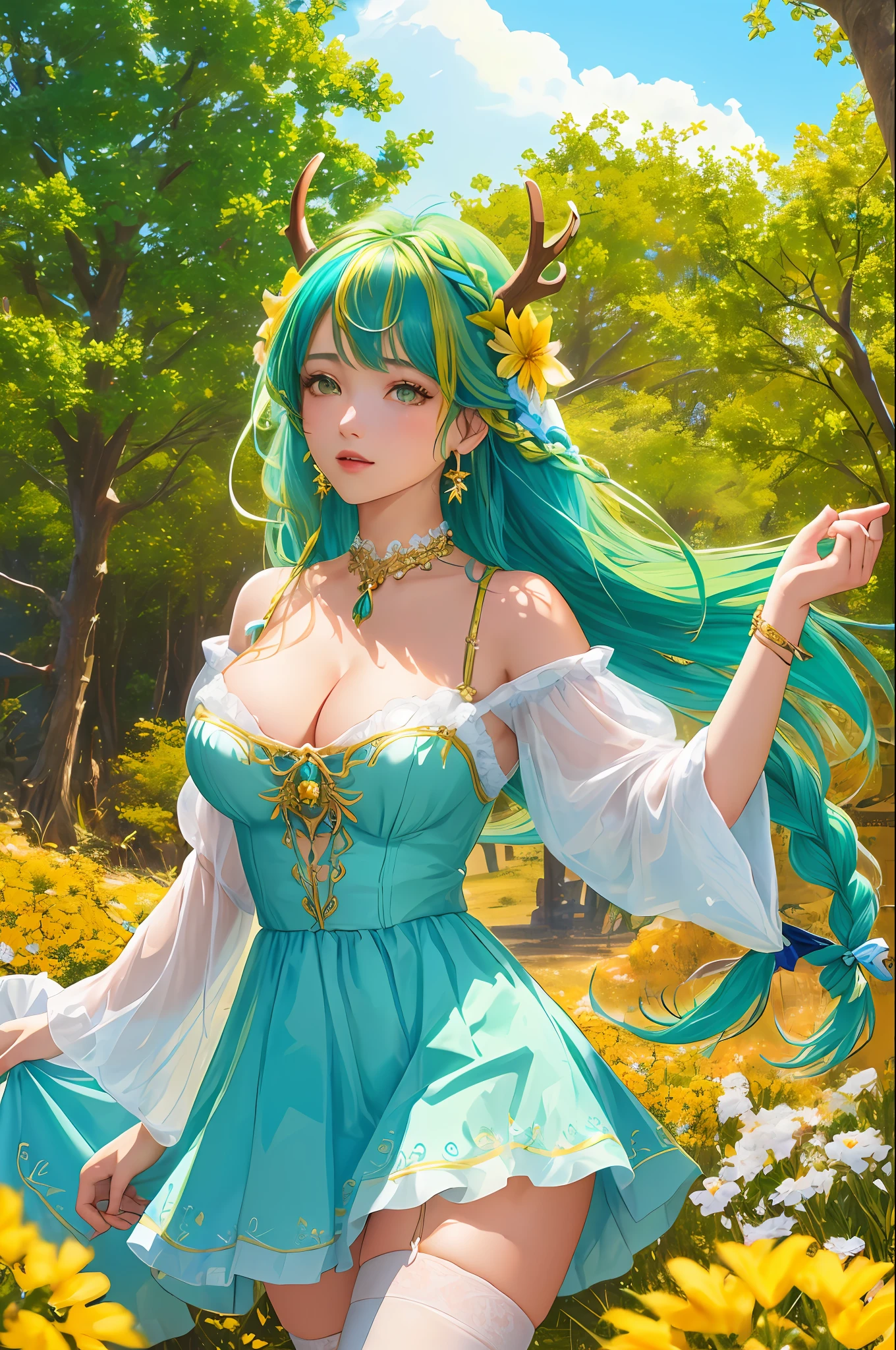 masterpiece, best quality, ultra-detailed, illustration, epic lighting, cinematic composition, 1girl, ceres_fauna, medium breasts, green hair, braid, braided bangs, yellow eyes, cleavage, single braid, antlers, jewelry, anklet, hair flower, multicolored hair, long hair, hair ornament, green flower, streaked hair, earrings, white thighhighs, bow, wide sleeves, leaf, blue dress, horns, cowboy shot, looking at viewer, outdoors, nature, simple background, (8k:1.1)