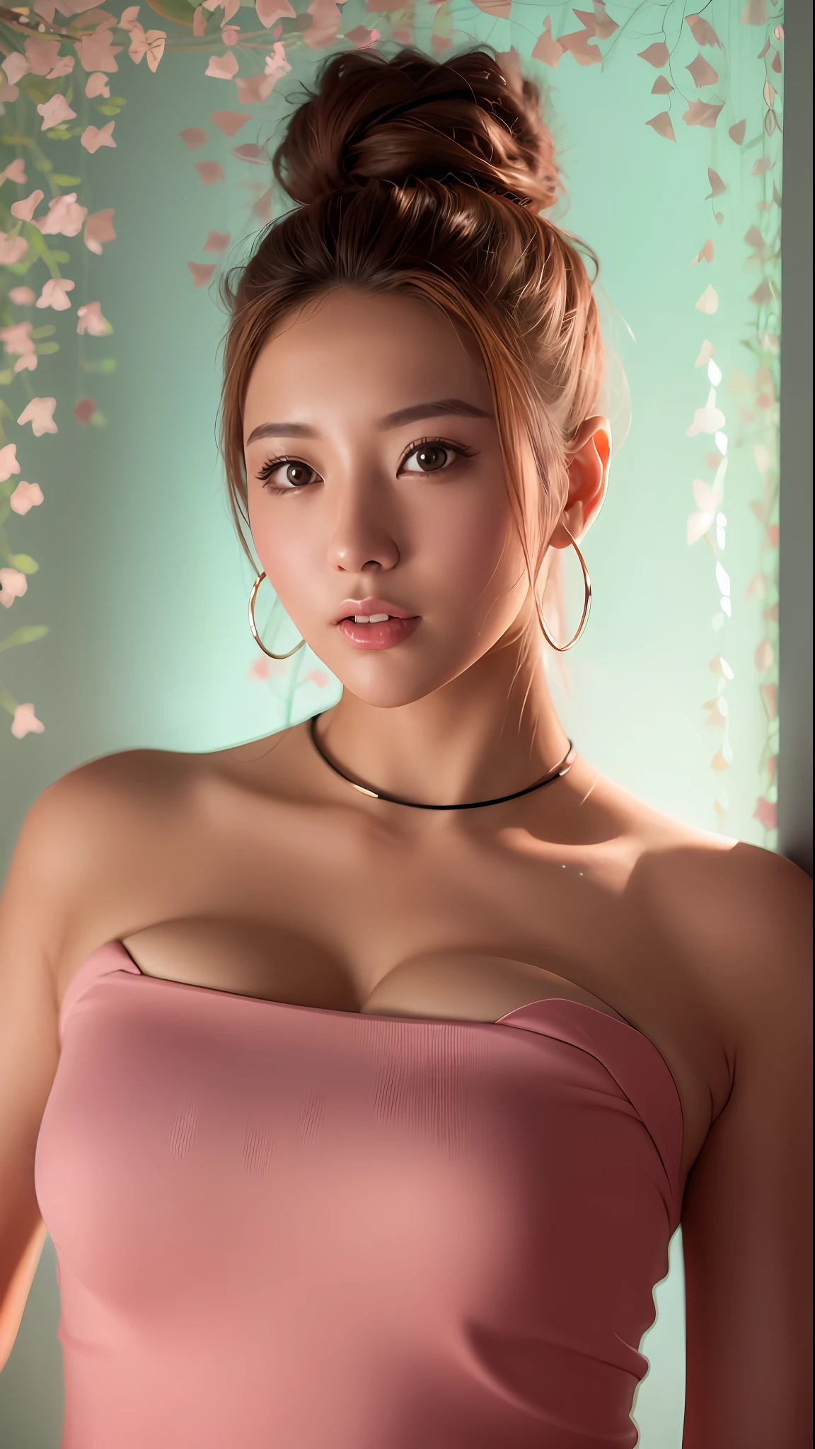 Close-up of a woman in a pink dress holding a mobile phone, standing in the conference room, beautiful South Korean woman, gorgeous Korean woman, beautiful Korean woman
