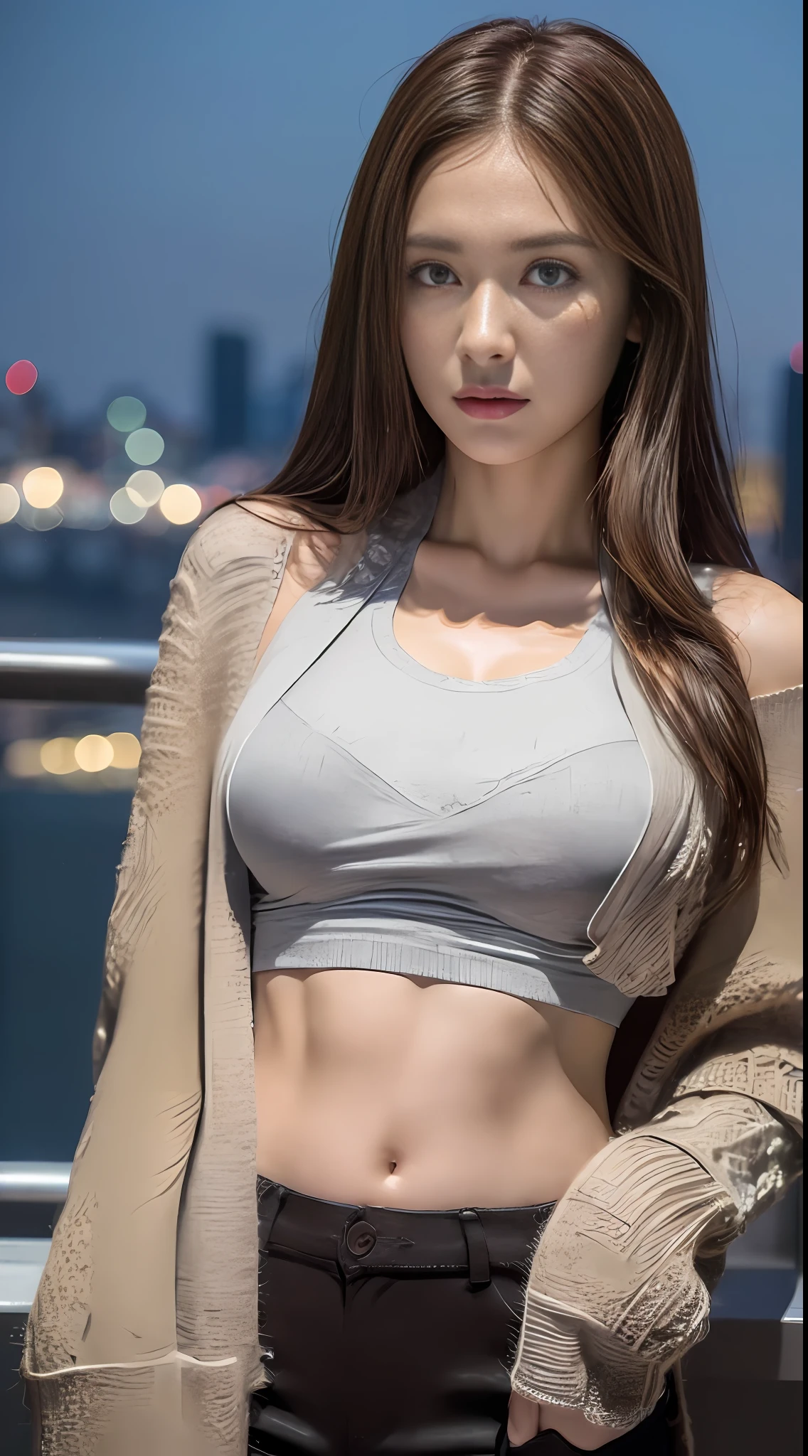 ((Best quality, 8k, Masterpiece :1.3)), Whole body, Long legs, Sharp focus :1.2, A pretty woman with perfect figure :1.4, Slender abs :1.2, ((Dark brown hair, Big breasts :1.2)), (((Cardigan over crop top tshirt))), (Leaning :1.2), (Night city view :1.1), Highly detailed face and skin texture, Detailed eyes, Double eyelid