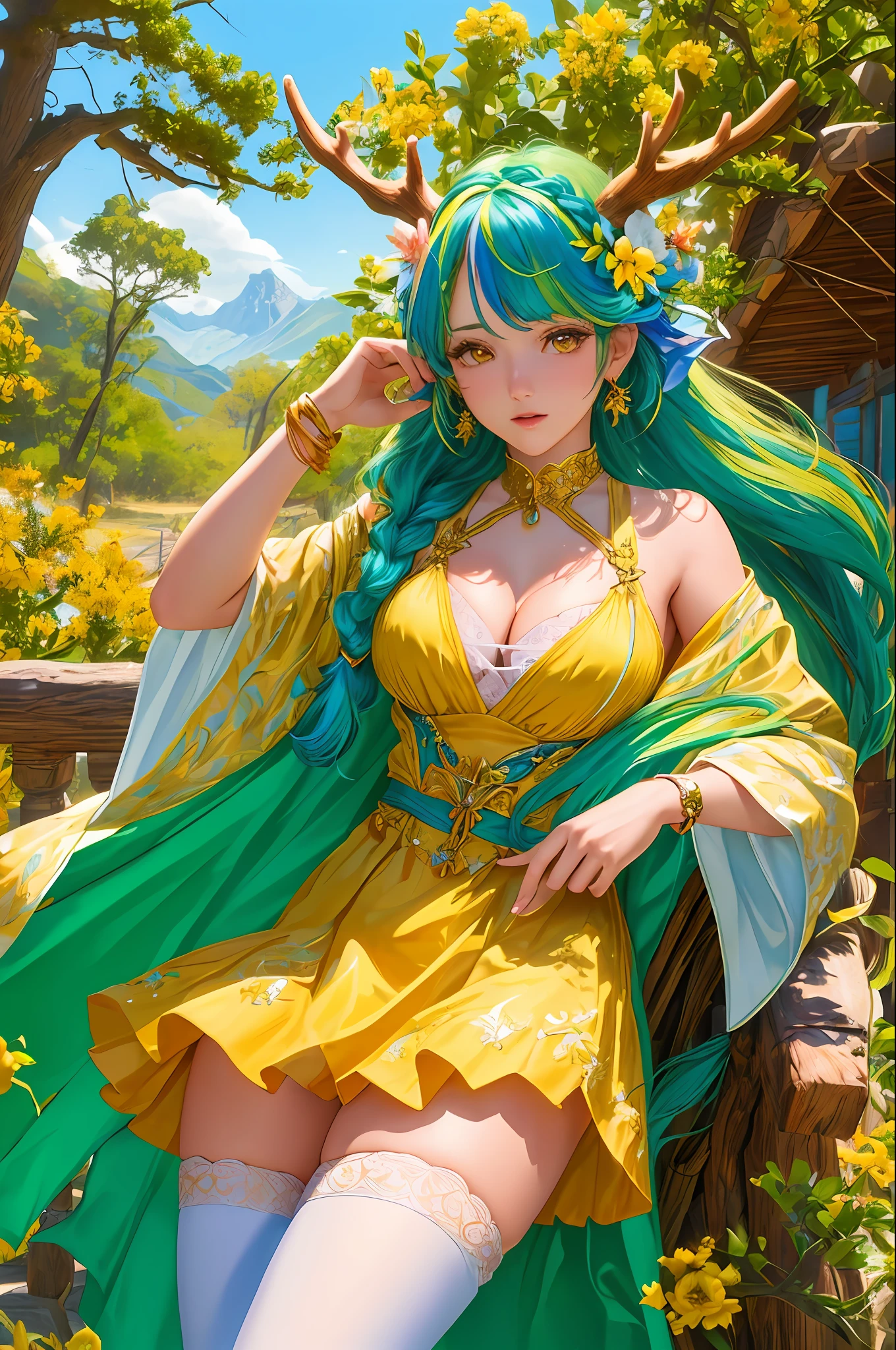 masterpiece, best quality, ultra-detailed, illustration, epic lighting, cinematic composition, 1girl, ceres_fauna, medium breasts, green hair, braid, braided bangs, yellow eyes, cleavage, single braid, antlers, jewelry, anklet, hair flower, multicolored hair, long hair, hair ornament, green flower, streaked hair, earrings, white thighhighs, bow, wide sleeves, leaf, blue dress, horns, cowboy shot, looking at viewer, outdoors, nature, simple background, (8k:1.1)