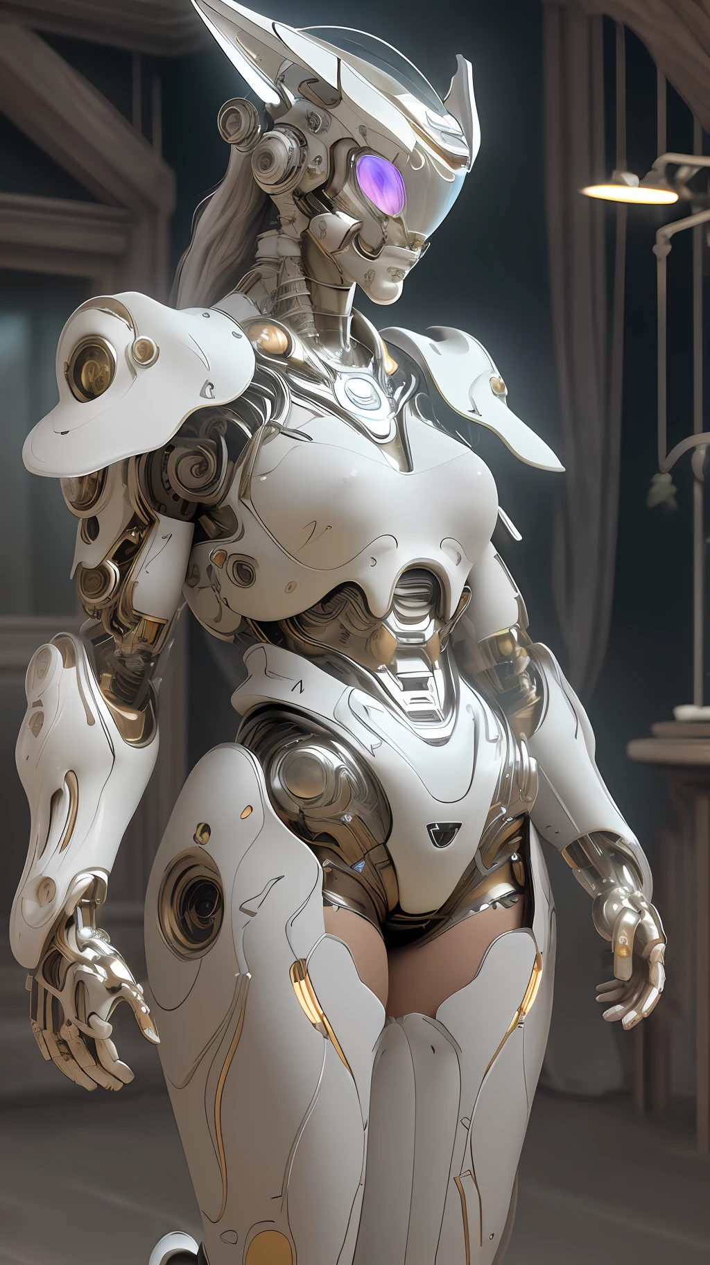 complex 3d render ultra detailed of a beautiful porcelain profile woman android face, cyborg, robotic parts, 150 mm, beautiful studio soft light, rim light, vibrant details, luxurious cyberpunk, lace, hyperrealistic, anatomical, facial muscles, cable electric wires, microchip, elegant, beautiful background, octane render, H. R. Giger style, 8k, best quality, masterpiece, illustration, an extremely delicate and beautiful, extremely detailed ,CG ,unity ,wallpaper, (realistic, photo-realistic:1.37),Amazing, finely detail, masterpiece,best quality,official art, extremely detailed CG unity 8k wallpaper, absurdres, incredibly absurdres, robot, silver halmet, full body