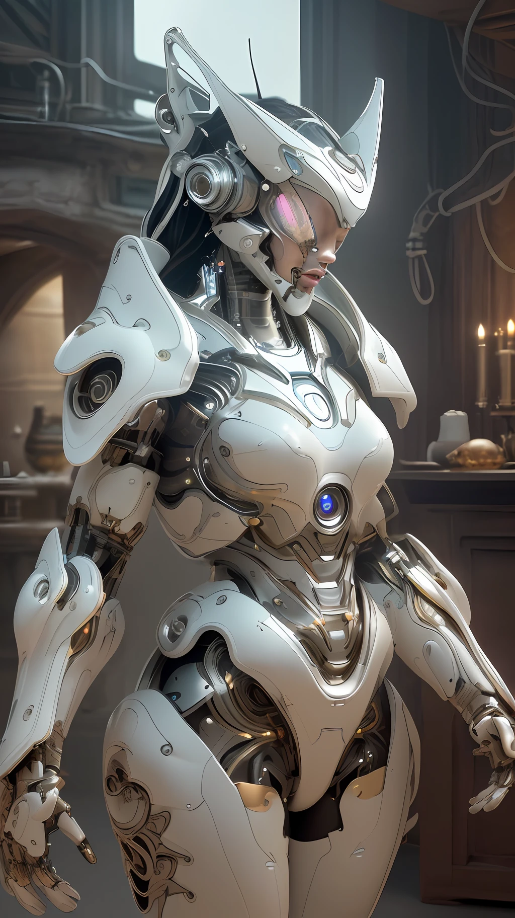 complex 3d render ultra detailed of a beautiful porcelain profile woman android face, cyborg, robotic parts, 150 mm, beautiful studio soft light, rim light, vibrant details, luxurious cyberpunk, lace, hyperrealistic, anatomical, facial muscles, cable electric wires, microchip, elegant, beautiful background, octane render, H. R. Giger style, 8k, best quality, masterpiece, illustration, an extremely delicate and beautiful, extremely detailed ,CG ,unity ,wallpaper, (realistic, photo-realistic:1.37),Amazing, finely detail, masterpiece,best quality,official art, extremely detailed CG unity 8k wallpaper, absurdres, incredibly absurdres, robot, silver halmet, full body