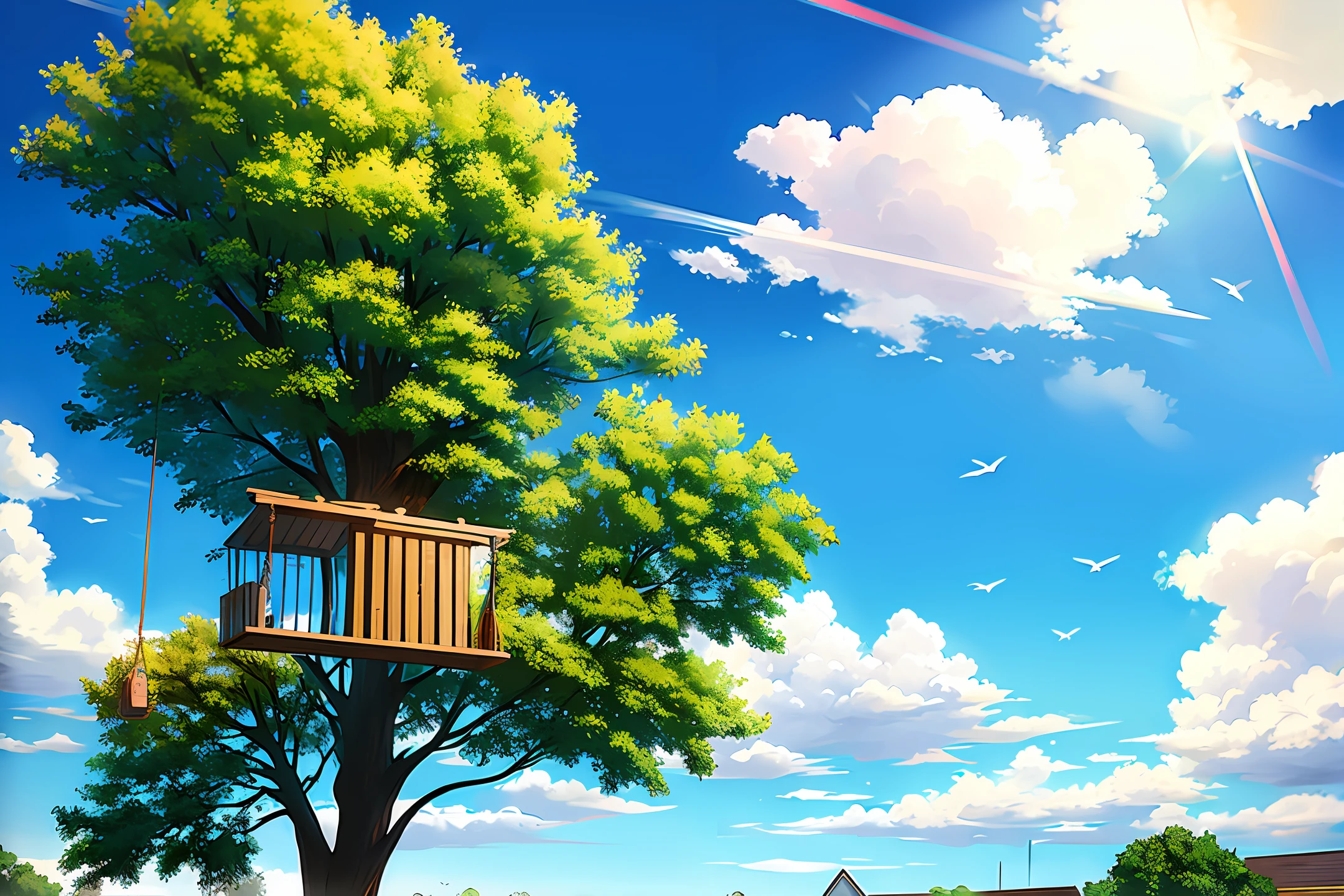 Image/ clouds, sun, bird, tree, lawn and swing