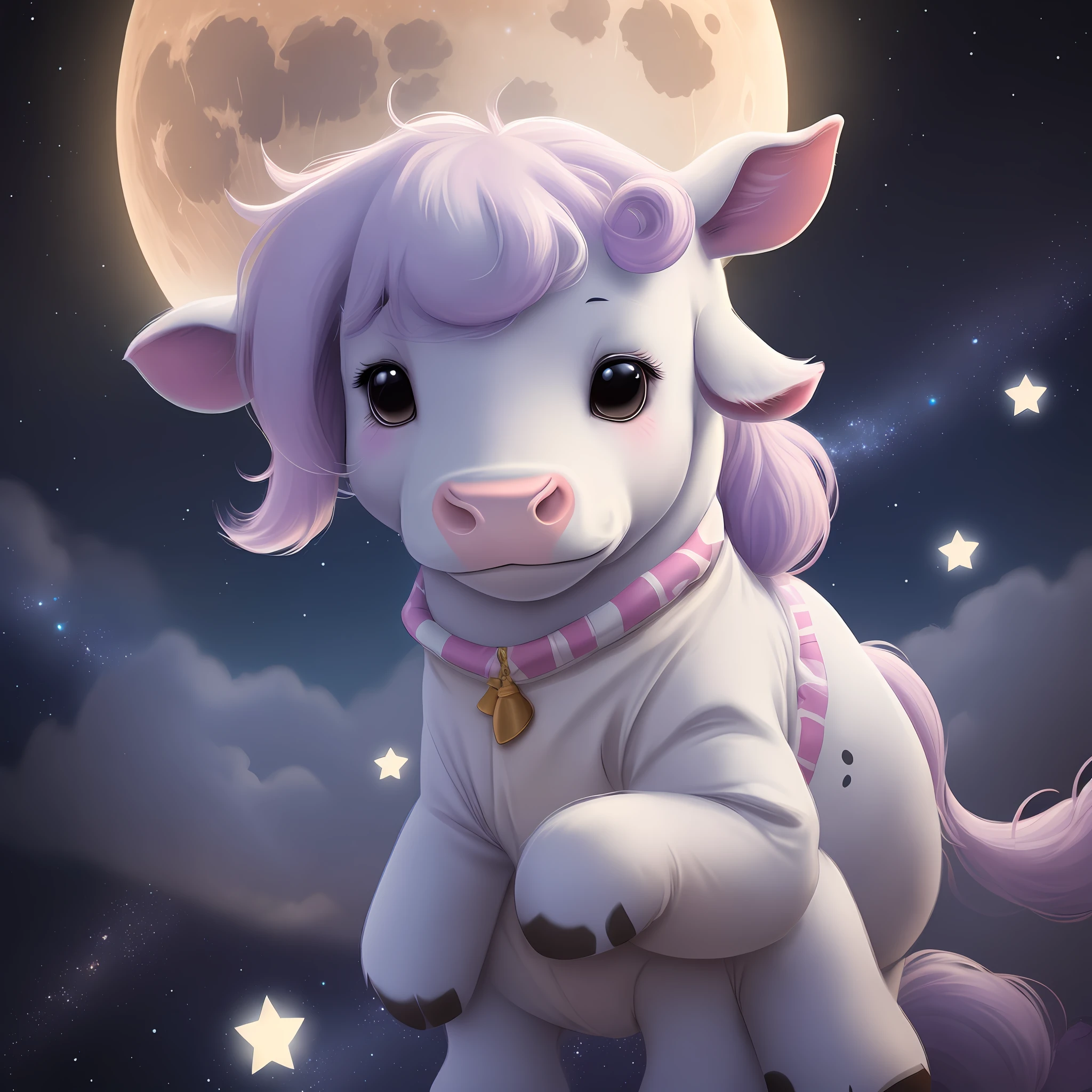 A highly detailed cartoon of a cow in unicorn pajamas on the moon with galaxies in the background