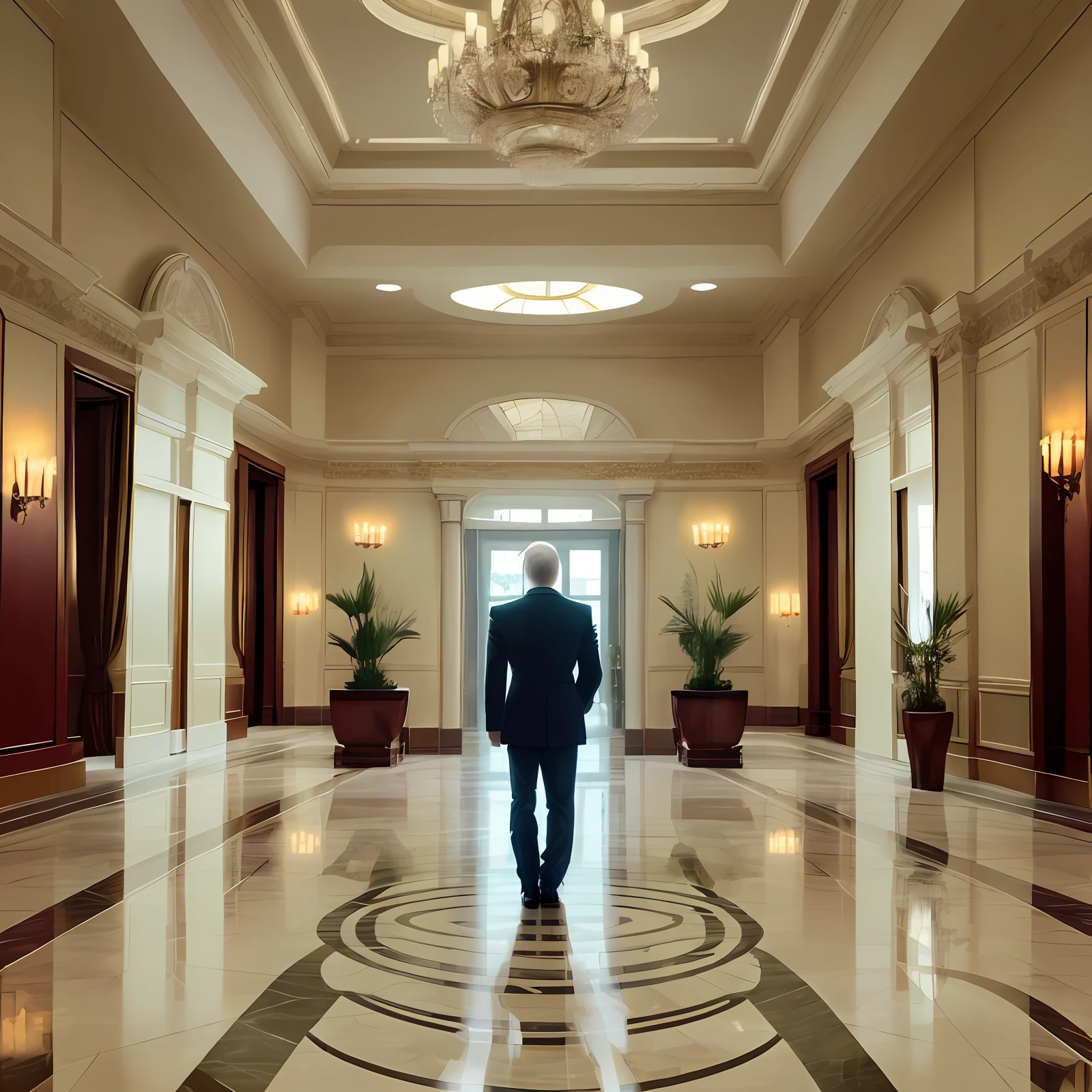 (High definition) white lion walking on brown floor with back to scene