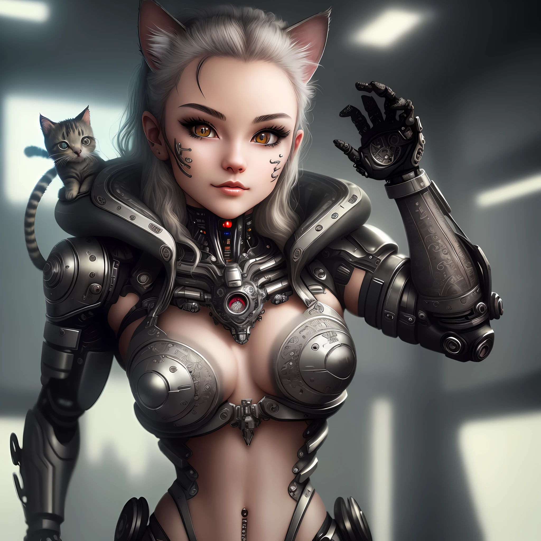 a cute kitten made of metal, cyborg, cyberpunk style, ((intricate details)), hdr, ((intricate details, hyperdetailed)), cinematic shot, vignette, PERFECT (((beautiful face))), highly detailed, INTRICATE, red