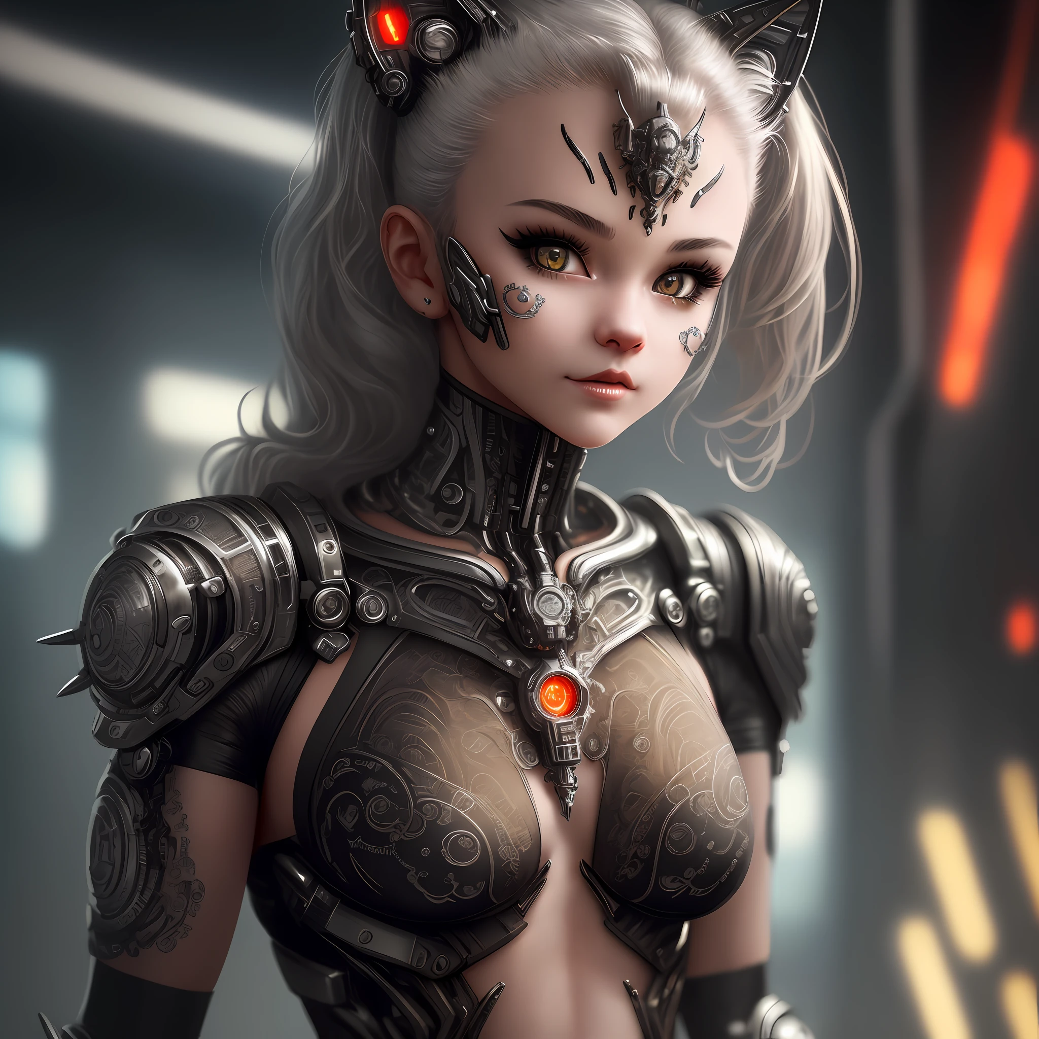 a cute kitten made of metal, cyborg, cyberpunk style, ((intricate details)), hdr, ((intricate details, hyperdetailed)), cinematic shot, vignette, PERFECT (((beautiful face))), highly detailed, INTRICATE, red