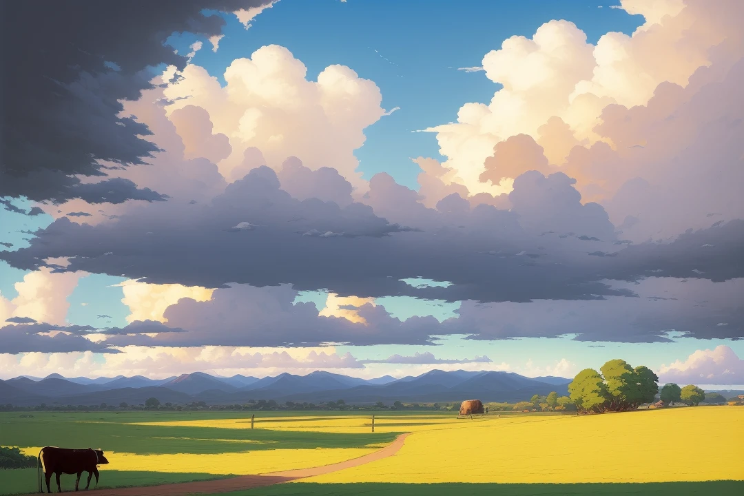 there is a painting of a dirt road with a cow in the distance, beautiful oil matte painting, hyper realistic clouds, wlop and rhads, rhads!!!, rhads!, studio ghibli sky, photorealistic landscape, rhads and thomas kinkade, hyperrealistic landscape, studio ghibli landscape, giant clouds, anime countryside landscape, by RHADS
