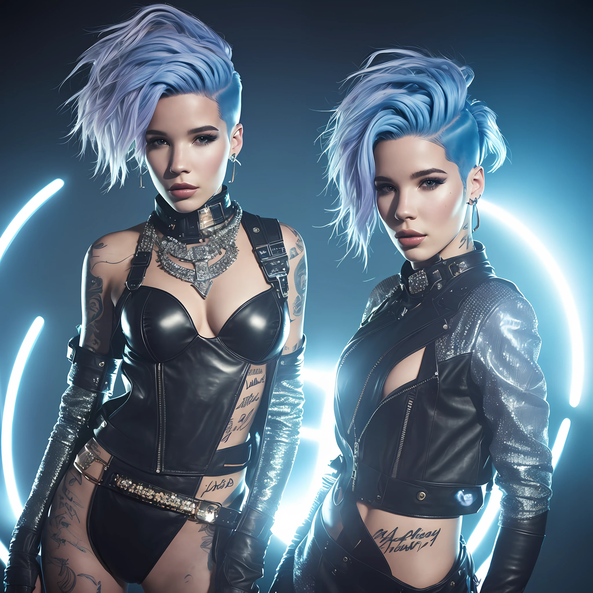 Photo HALSEY, 4K texture, high quality, beautiful hairstyle, original album cover, leather outfit with diamonds, 8k image, futuristic, high image quality, night