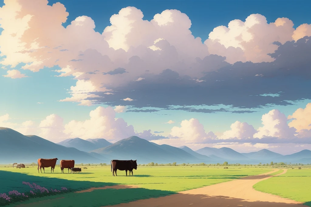 there is a painting of a dirt road with a cow in the distance, beautiful oil matte painting, hyper realistic clouds, wlop and rhads, rhads!!!, rhads!, studio ghibli sky, photorealistic landscape, rhads and thomas kinkade, hyperrealistic landscape, studio ghibli landscape, giant clouds, anime countryside landscape, by RHADS