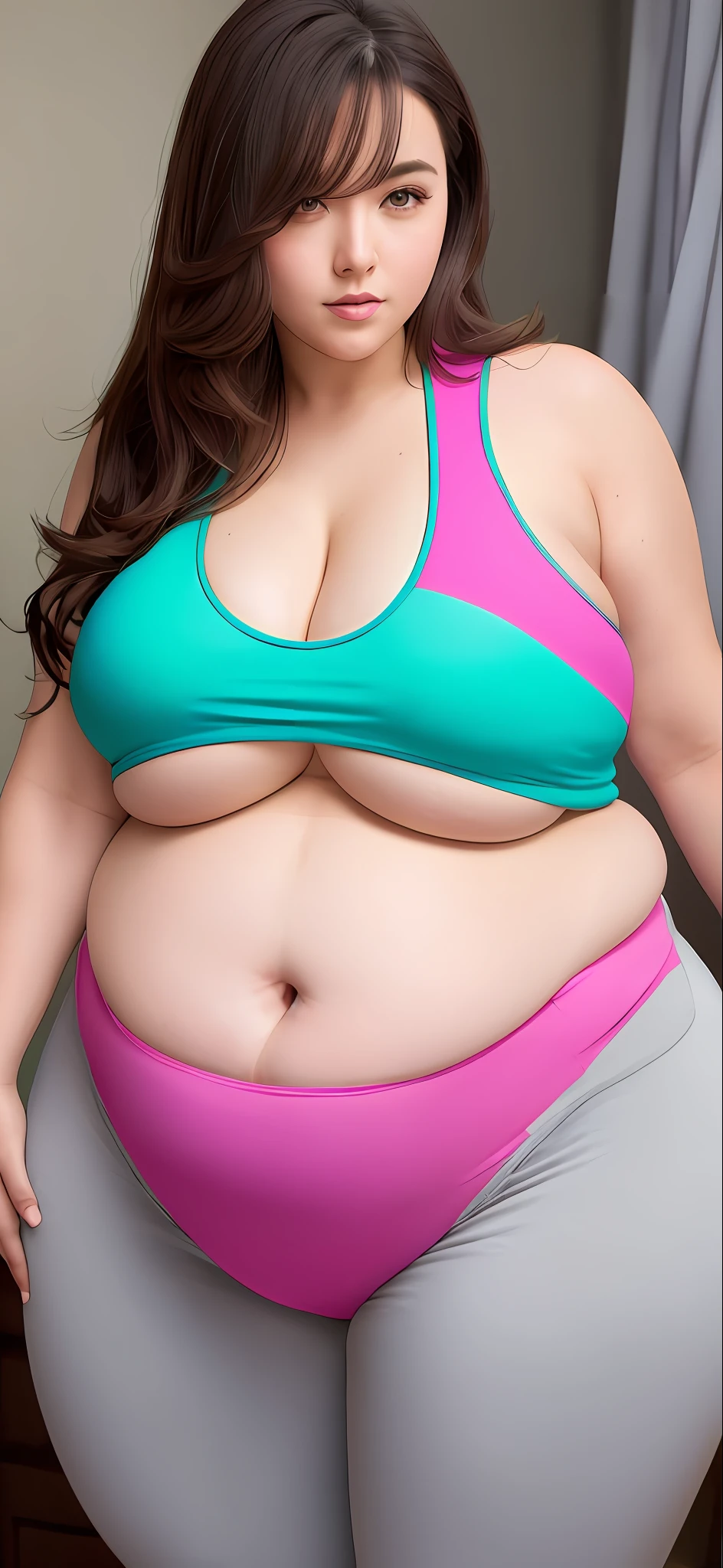 a cartoon of a woman with a large belly and a large belly, thicc, she has a jiggly fat round belly, her belly is fat and round, small curvy loli, big stomach, thicc build, oppai proportions, body swelling about to explode, bloated, cel shaded!!!, oppai, bbwchan, insanely inflated hips, leggings and a tank top