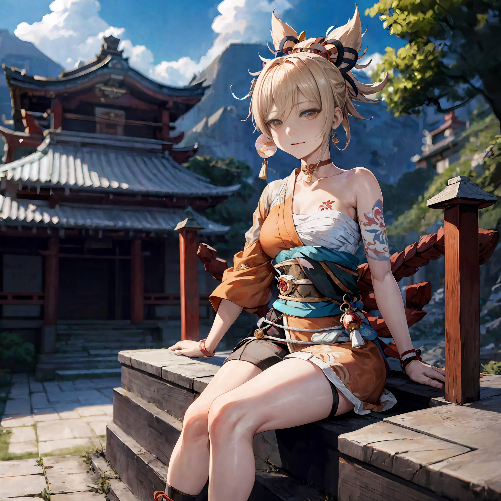 anime girl sitting on a bench in front of a building, ayaka game genshin impact, keqing from genshin impact, ayaka genshin impact, zhongli from genshin impact, anime goddess, photorealistic anime girl render, onmyoji portrait, palace , a girl in hanfu, cute anime waifu in a nice dress