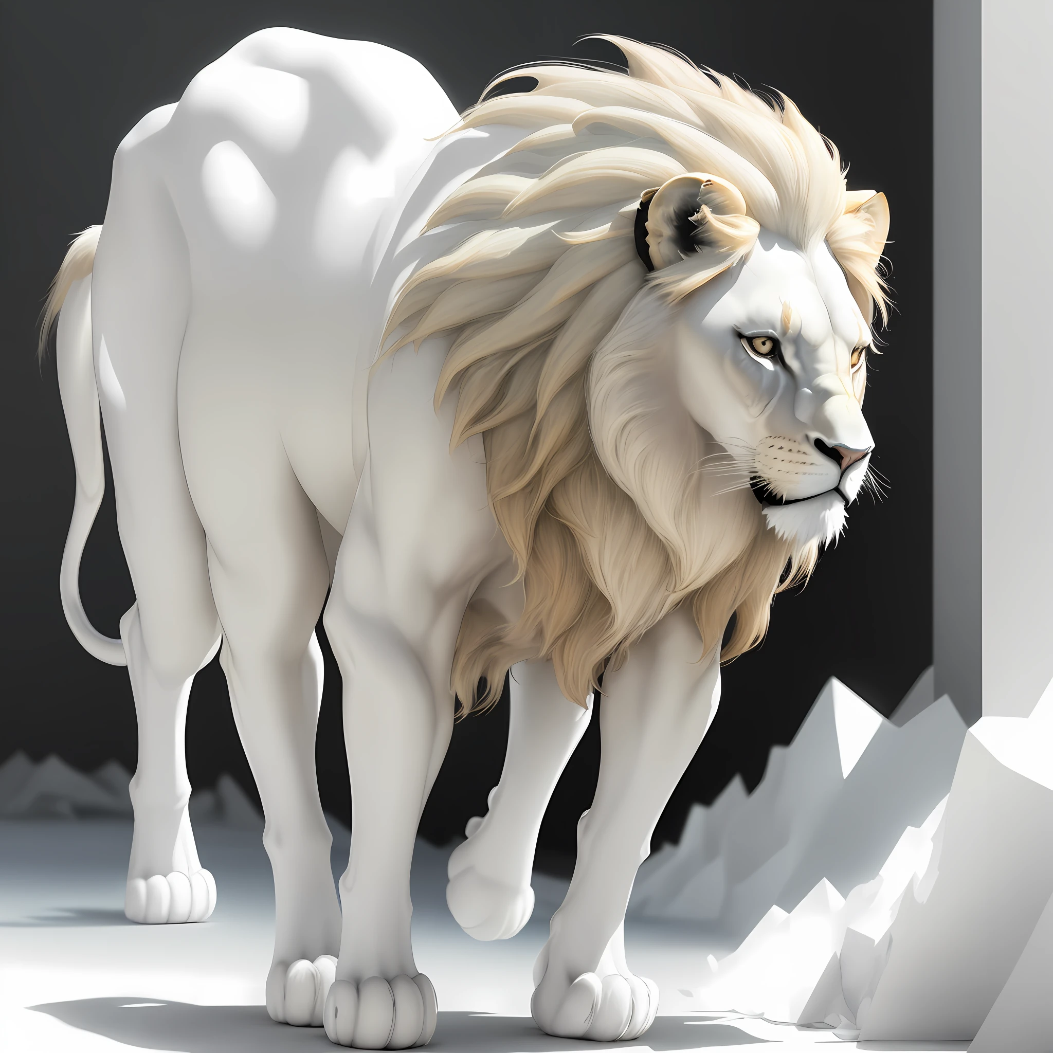 A white and transparent lion walking in a white room