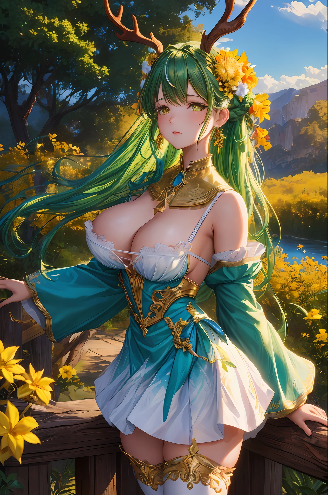masterpiece, best quality, ultra-detailed, illustration, epic lighting, cinematic composition, 1girl, ceres_fauna, medium breasts, green hair, braid, braided bangs, yellow eyes, cleavage, single braid, antlers, jewelry, anklet, hair flower, multicolored hair, long hair, hair ornament, green flower, streaked hair, earrings, white thighhighs, bow, wide sleeves, leaf, blue dress, horns, cowboy shot, looking at viewer, outdoors, nature, simple background, (8k:1.1)