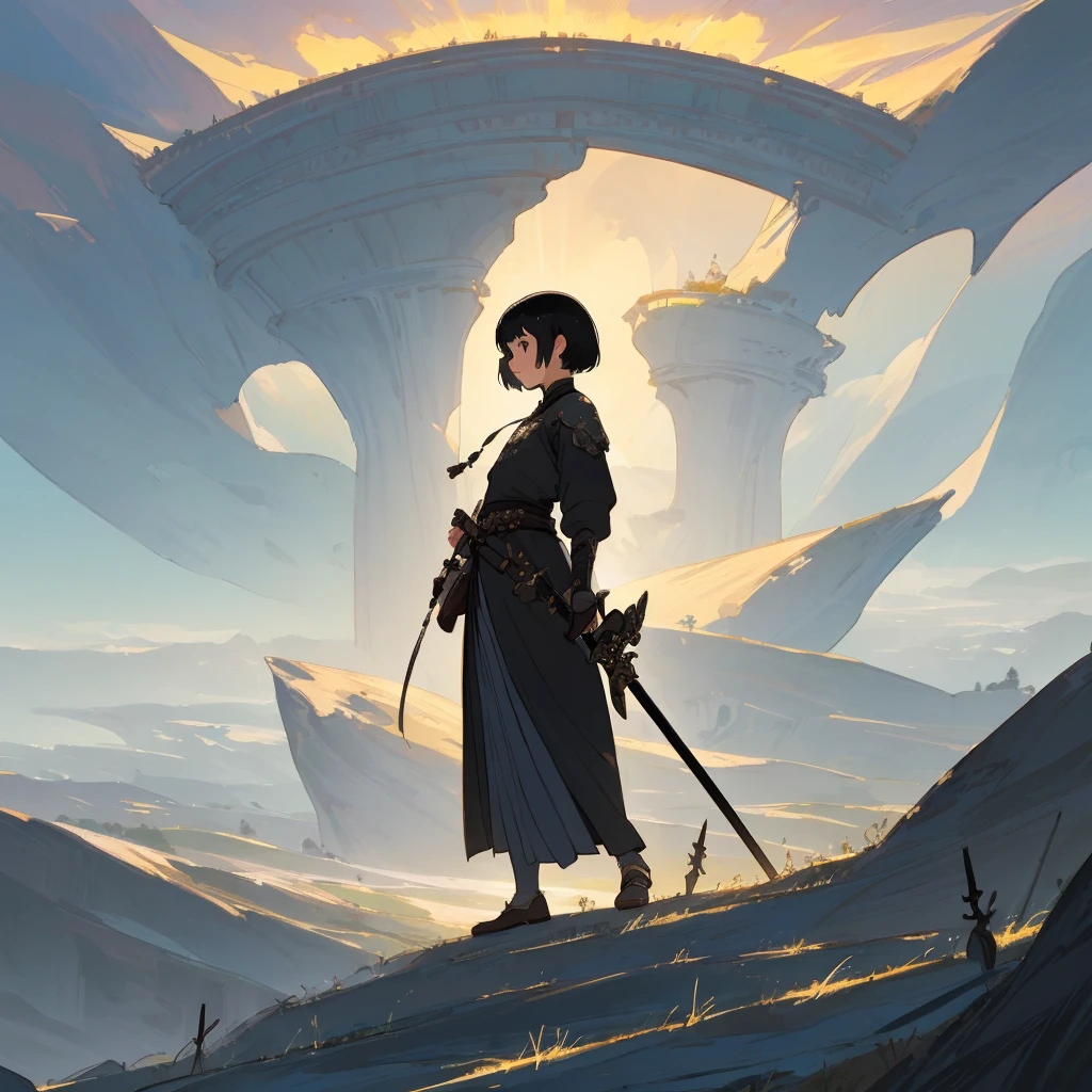 (illustration:1.1),(best quality),(masterpiece:1.1),(panorama shot:1.3),(full body:1.25),(solo:1.2),high resolution, a beautiful young warrior with short hair and black holding an iron mace