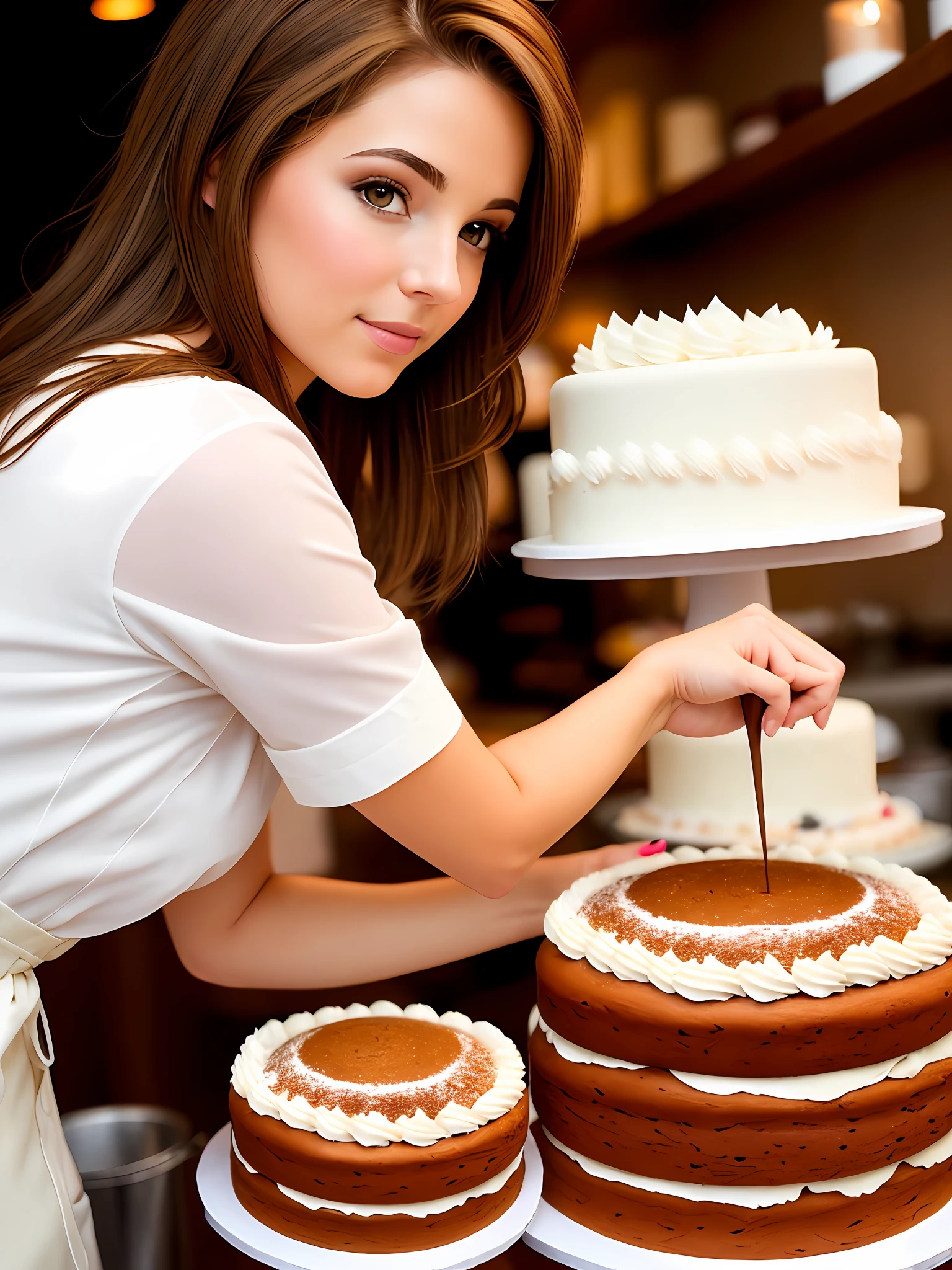 Light brunette woman with light brown hair, baker, makes beautiful cakes ,quality images ,detail Woman and in the details of the cake image cinema quick image
