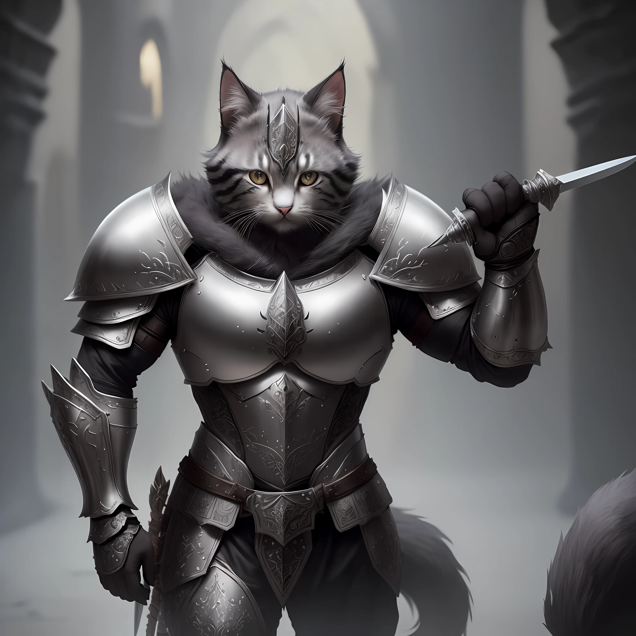 cute kitten in all dark gray armor of medieval warrior, (with daggers), ([thick furry tail ), (intricate details), 4k, (intricate details, hyperdetailed:1.2), cinematic shot