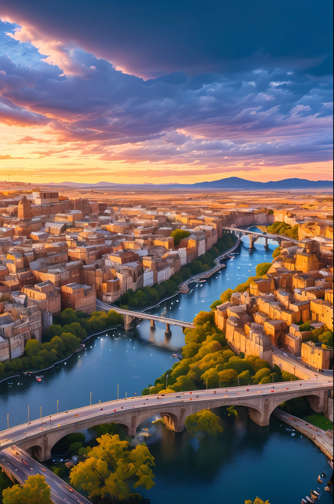 (extremely detailed CG unity 8k wallpaper, best quality, masterpiece), bustling, busy, vibrant ancient city, multi tier streets, towering buildings, winding river, winding bridges, (daytime), (many clouds:0.9|twilight:0.1), (reflection:1.2|water ripples), (vibrant:1.1+nostalgic), (dynamic angle:1.2), (deep shadows:1.1), (dramatic sky:1.3+depth of field)