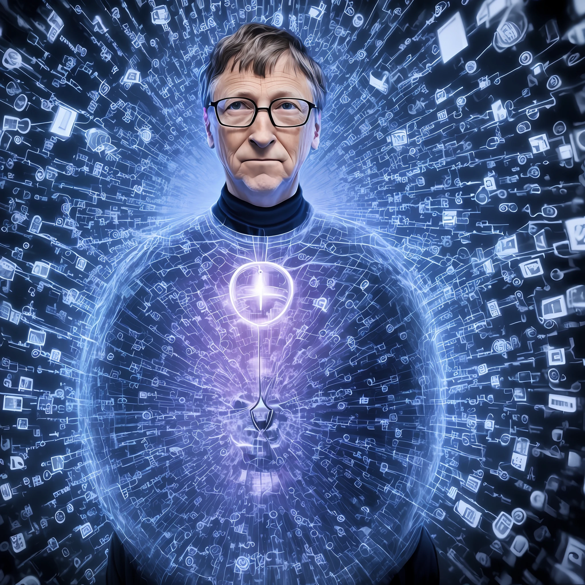Full body digital frame showing Bill Gates wrapped in a (virus cloud), serious face.