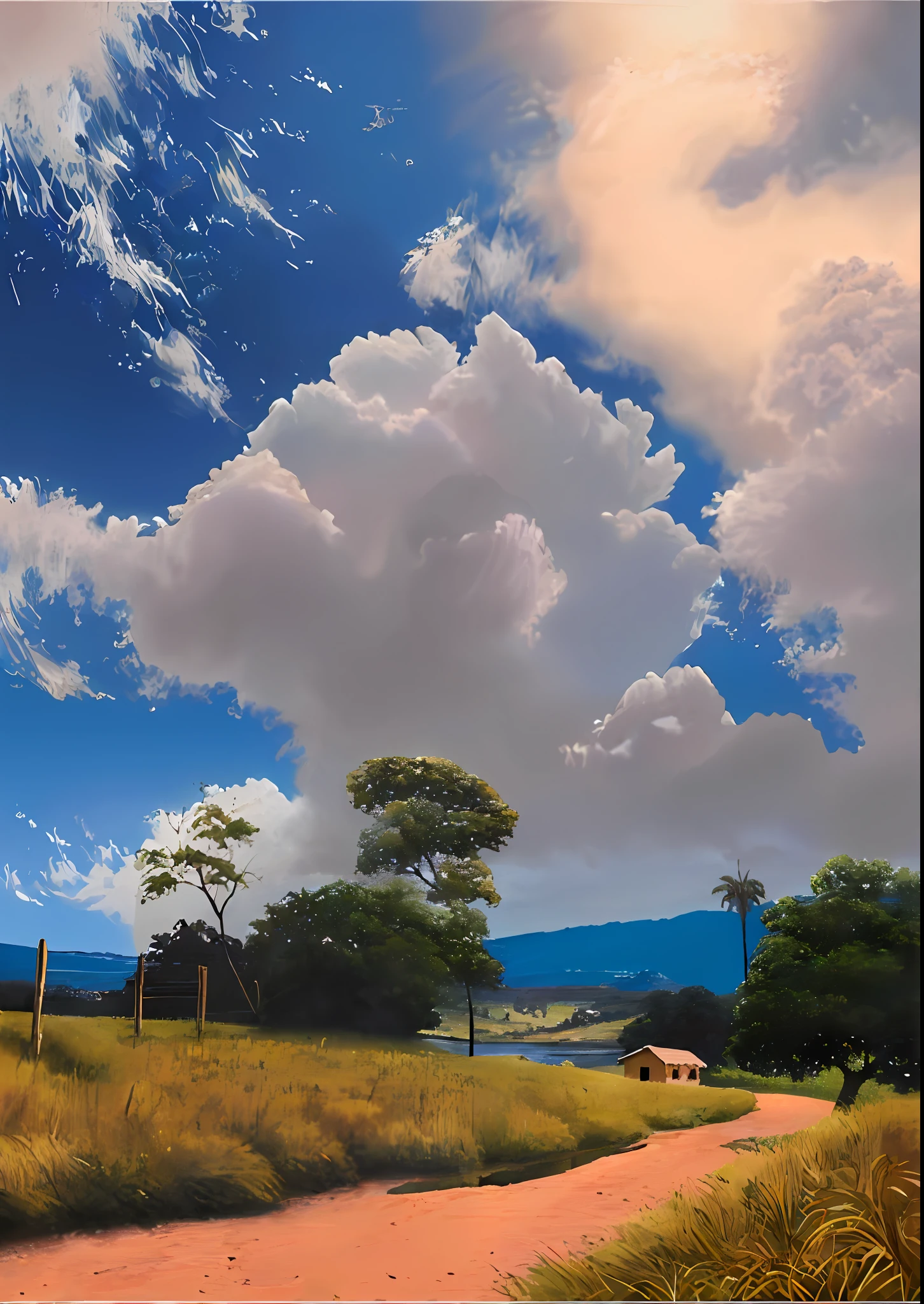 there is a painting of a dirt road with a cow in the distance, beautiful oil matte painting, hyper realistic clouds, wlop and rhads, rhads!!!, rhads!, studio ghibli sky, photorealistic landscape, rhads and thomas kinkade, hyperrealistic landscape, studio ghibli landscape, giant clouds, anime countryside landscape, by RHADS
