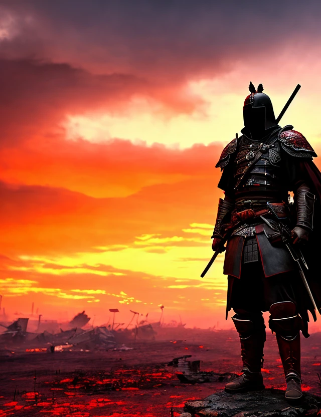 A striking anime composition showcasing a lone samurai, silhouetted against a blood-red sky, the aftermath of an epic battle, the warrior's tattered cloak billowing in the wind, surrounded by fallen enemies and wreckage, capturing a sense of tragedy and resilience, 3D, created with detailed character modeling, realistic lighting, and atmospheric effects to convey the intensity and atmosphere of the scene, --ar 16:9 --v 5