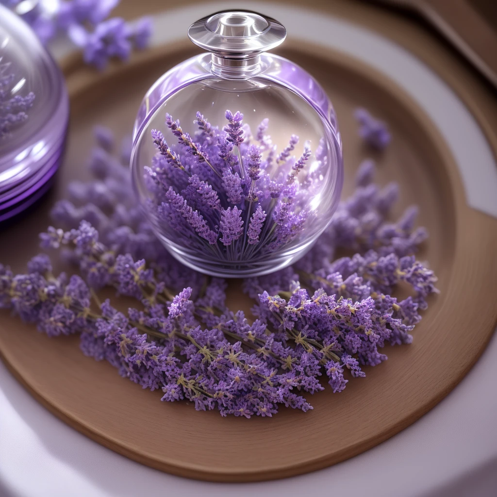 a lavender perfume with a wonderful bottle and full of details, for the class to an audience, super flashy, photographed with a Phase One on a surface with lavender flowers with a 35mm lens, ultra wide angle view, realistic, detailed,- - ar4:3--s1000--v5--q2--s750