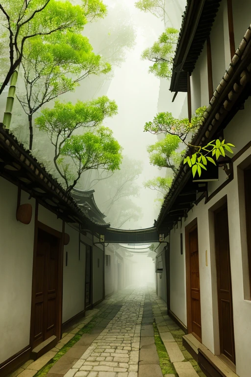 The bamboo forest in the ancient town, the ancient alleys, misty and rainy, the bare pear tree branches sprouting new buds, the green flower buds, the main alley, the long corridor stone road in the distance, beautiful artistic conception, ultra-real, ultra-clear, amazing details