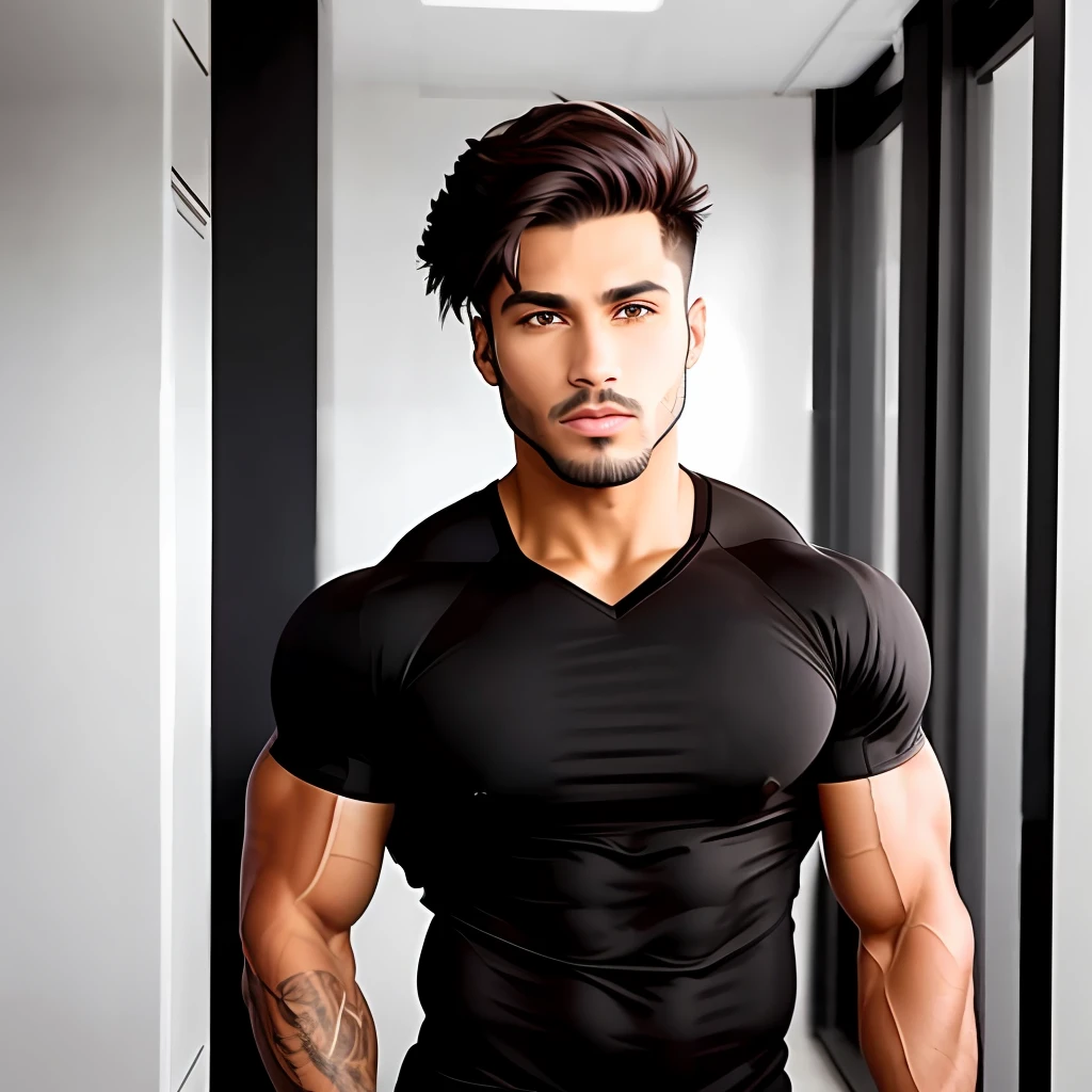 Dark brown, guest steals, ((chic and simple)) office, espresso, short black hair, Brazilian, (strong), ((smart)) bodybuilding athlete.
