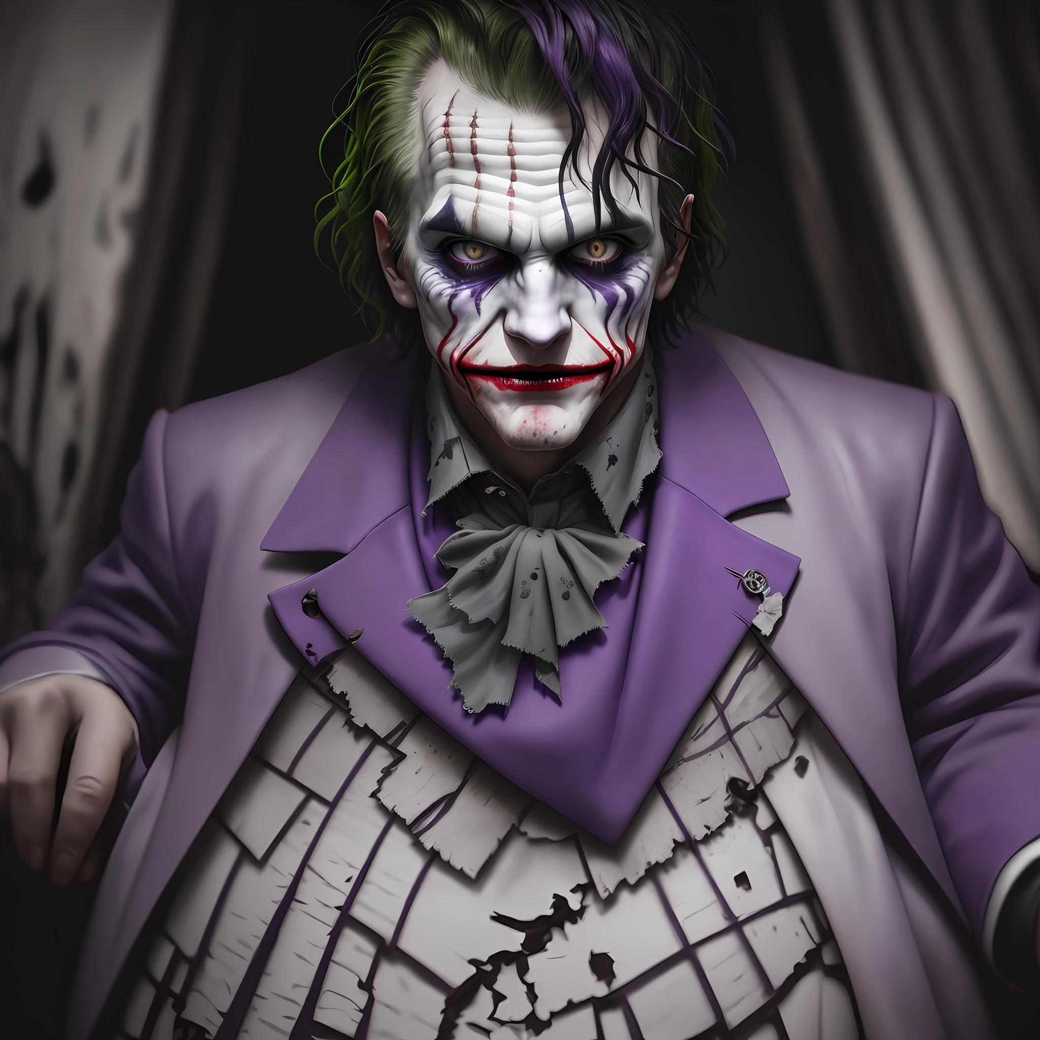 dark and gloomy full body 8k fish eye lens photo, The Joker , wearing broken purple suit, at cluttered and messy insane asylum , bloddy, tattered torn shirt, skin pores, detailed intricate iris, very dark lighting, heavy shadows, detailed, detailed face, (vibrant, photo realistic, realistic, dramatic, dark, sharp focus, 8k)