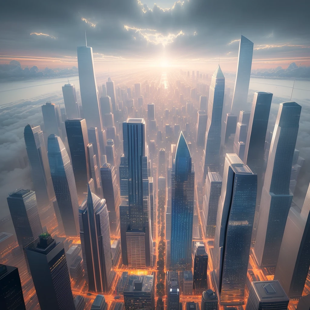Create a masterpiece of futuristic cityscape using the provided image of Edmonton skyline. with ultra-high quality and detail, make the cityscape look like it's floating in the clouds with a twilight and dreamy atmosphere. Incorporate dynamic angles. Lastly, use a wide shot and add a watercolor filter for a surreal and stunning effect.