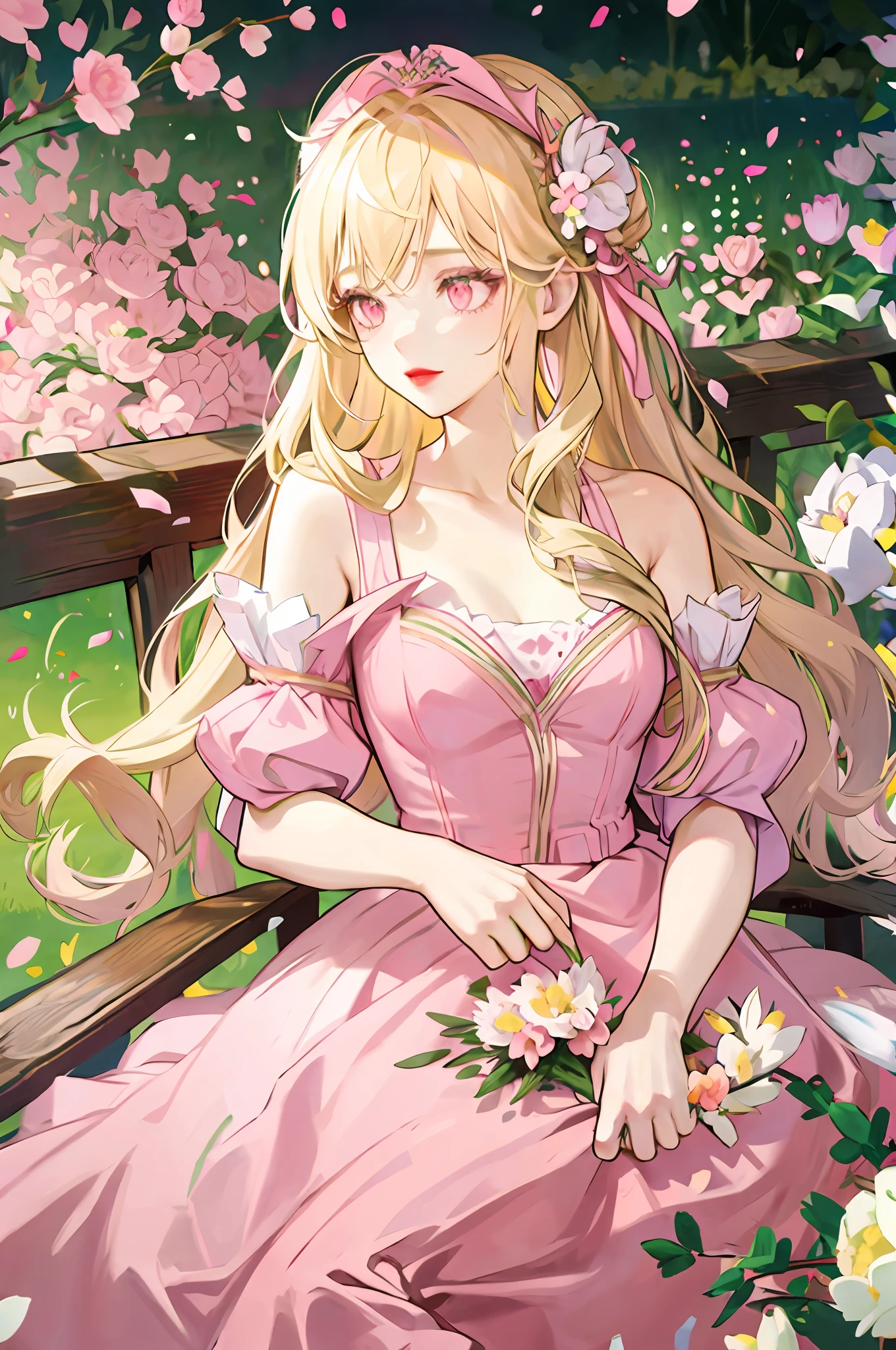 girl with long wavy blonde hair holding a bouquet of pink and white tulips, red lips, pink eyes, cute dress, lilac and green dress, flowers, garden,