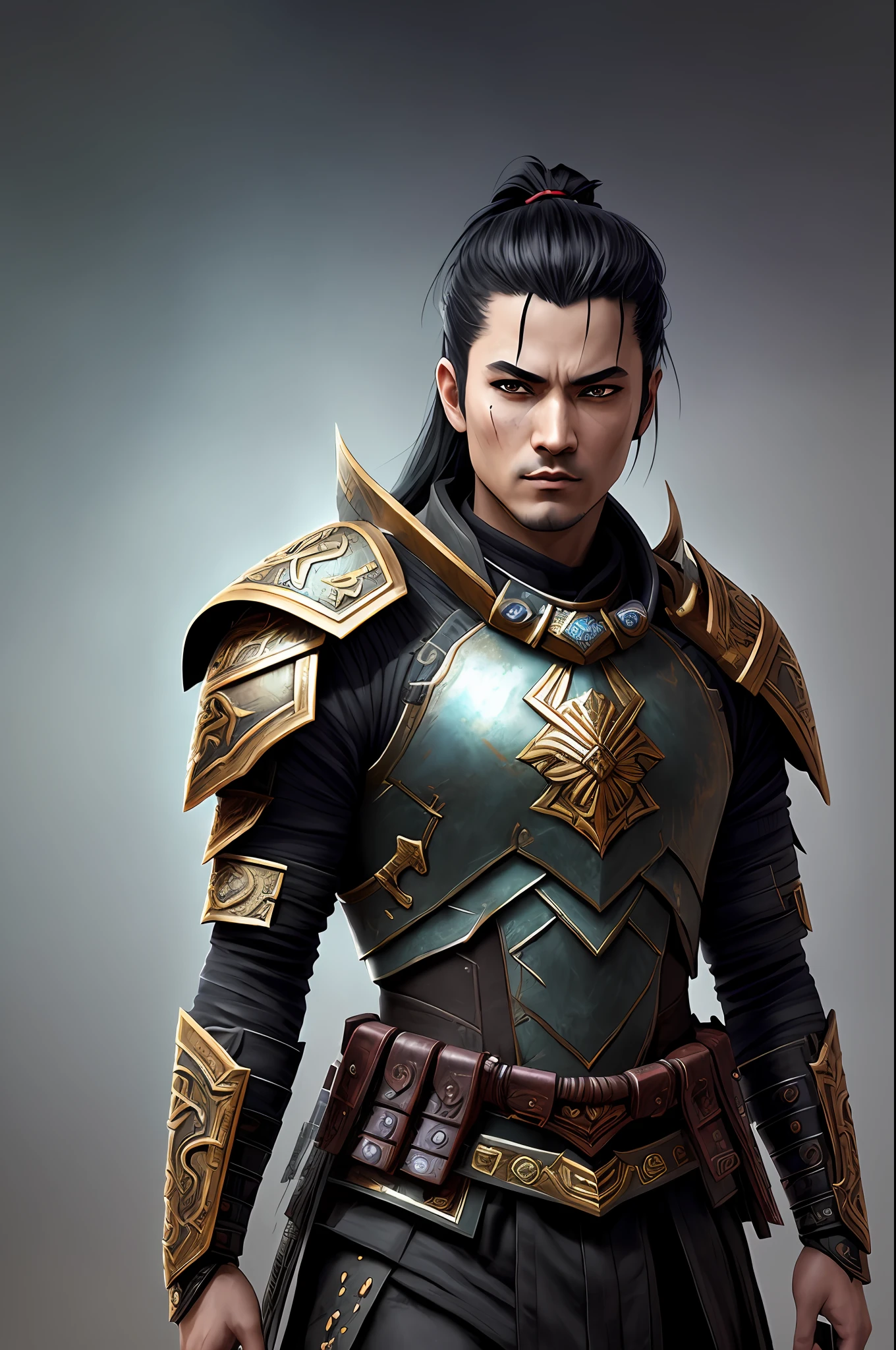 (Painting: 1.3) from (Detailed illustration: 1.3) A (Full body: 1.3) shot in 8k resolution, splash art, fantastic comic book style, photorealistic, intense visuals, anatomical photorealistic digital painting portrait of an (old man: 1.3) human (warrior: 1.3) in intricate black and gold (heavy armor: 1.3) into one (dark and moody universe: 1.3), light particle, very detailed skin, samurai, very detailed eyes (ancient ring style: 1.3), ( warhammer style:1.1), concept artist, global lighting, depth of field, splash art, art by artgerm and greg rutkowski and viktoria gavrilenko, Alex maleev, josé Ortiz, horror, dark fantasy, dark forest