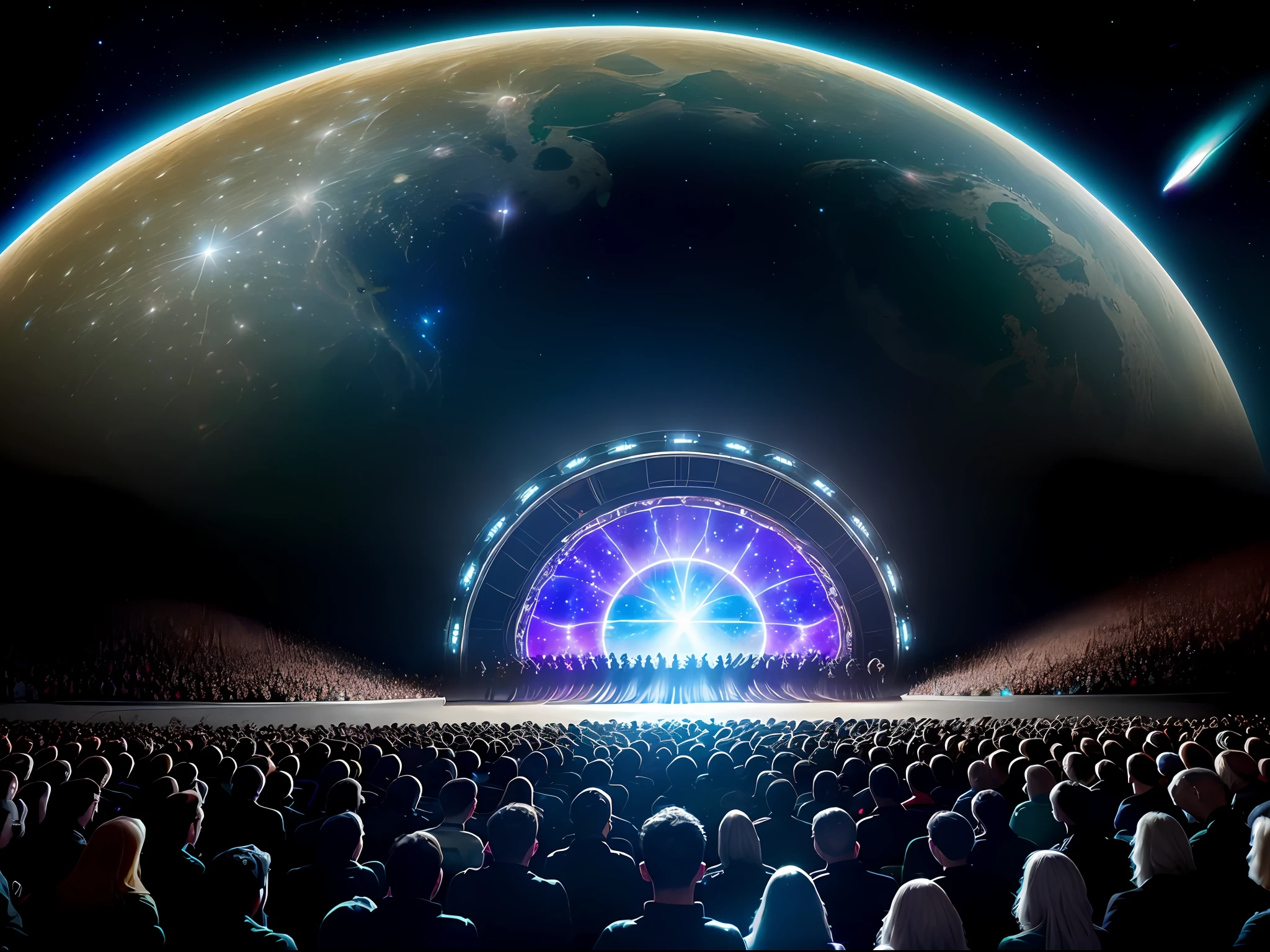 Paint a picture of Faithless captivating an interstellar audience on a lunar stage, with the Earth's awe-inspiring presence reminding everyone of their earthly origins.

interstellar gathering on the moon. The lunar stage is a masterpiece of design, radiating with pulsating lights and holographic effects that create an immersive visual experience. Faithless takes the stage with an energy that reverberates through the galaxy, their music bridging the cosmic divide. The audience, composed of diverse extraterrestrial beings, is spellbound by the band's performance. Above them, Earth gleams like a distant jewel, a poignant reminder of the universal thread that connects all life forms. The image captures the interstellar unity, Faithless' captivating presence, and the humbling realization of our shared origins on Earth.