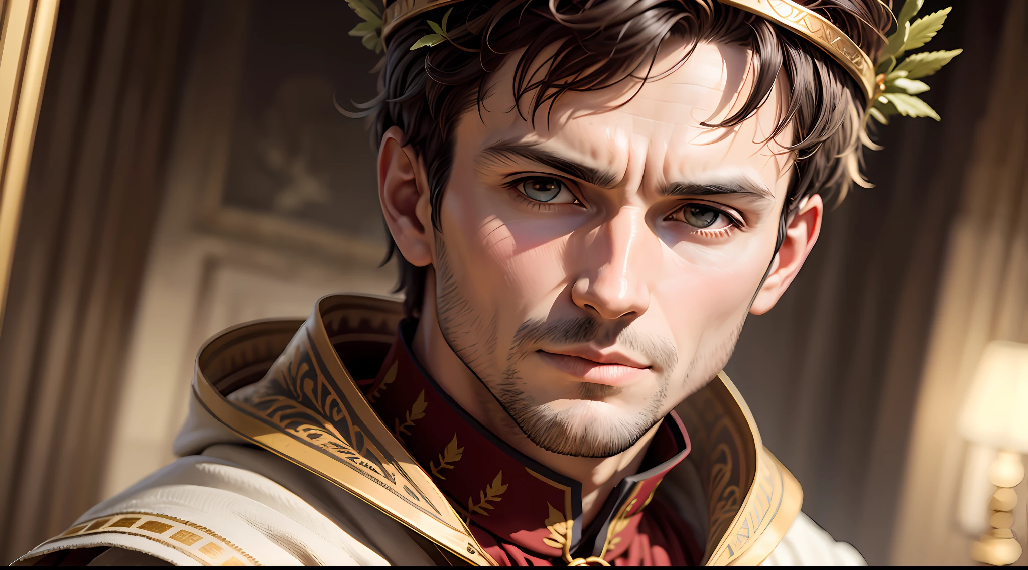 man, Gaius Julius Caesar, Roman Consul, detailed clothing, Roman noble clothing, (Delicate illustration: 1.4), (Masterpiece: 1.0), (Best quality: 1.4), (Ultra high resolution: 1.2), (Photorealistic: 1.4 ), (8k, RAW photo: 1.2), (soft focus: 1.4), (38 years old: 1.3), (sharp focus: 1.4), detailed face, (short dark hair), laurel wreath