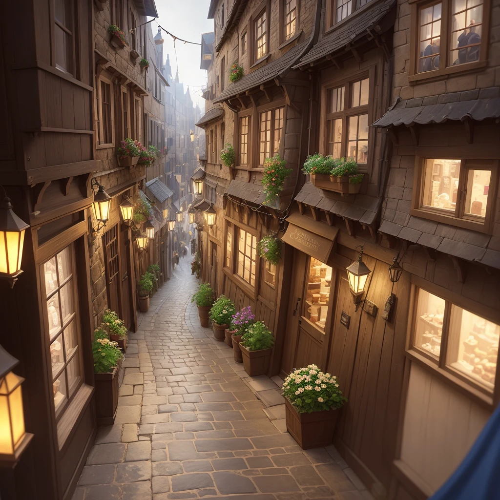 A busy fantasy street looking down one street within a fascinating old city, quirky shops, narrow streets, old buildings, cobblestones on the ground, stone steps, street life, by Sylvain Sarrailh, single street, cinematic, simple but effective composition, clean lines, beautiful digital painting, oil painting, detailed, dungeons and dragons, lord of the rings