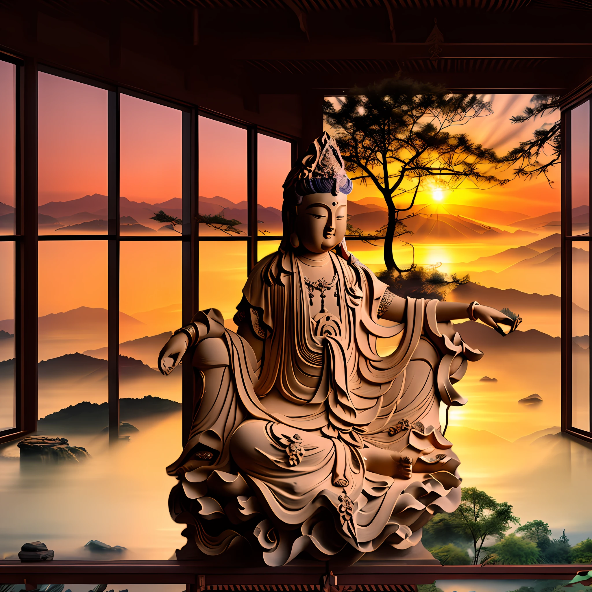 At dusk, Avalokitesvara sits cross-legged in a Buddhist temple. The setting sun directly shines on Guanyin in the house, and there is a wall behind, and some Buddhist scriptures are hung on the wall. The front is a transparent glass wall with a large window, you can see the mountains in the distance, green trees, pink cherry blossoms, lotus flowers by the lake,