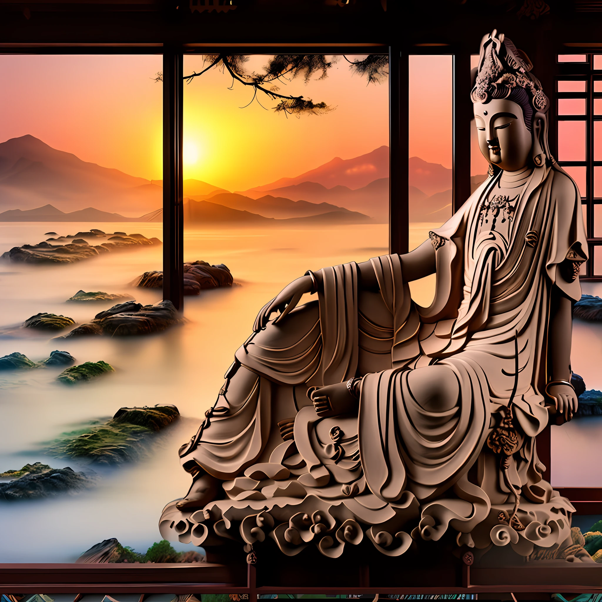 At dusk, Avalokitesvara sits cross-legged in a Buddhist temple. The setting sun directly shines on Guanyin in the house, and there is a wall behind, and some Buddhist scriptures are hung on the wall. The front is a transparent glass wall with a large window, you can see the mountains in the distance, green trees, pink cherry blossoms, lotus flowers by the lake,